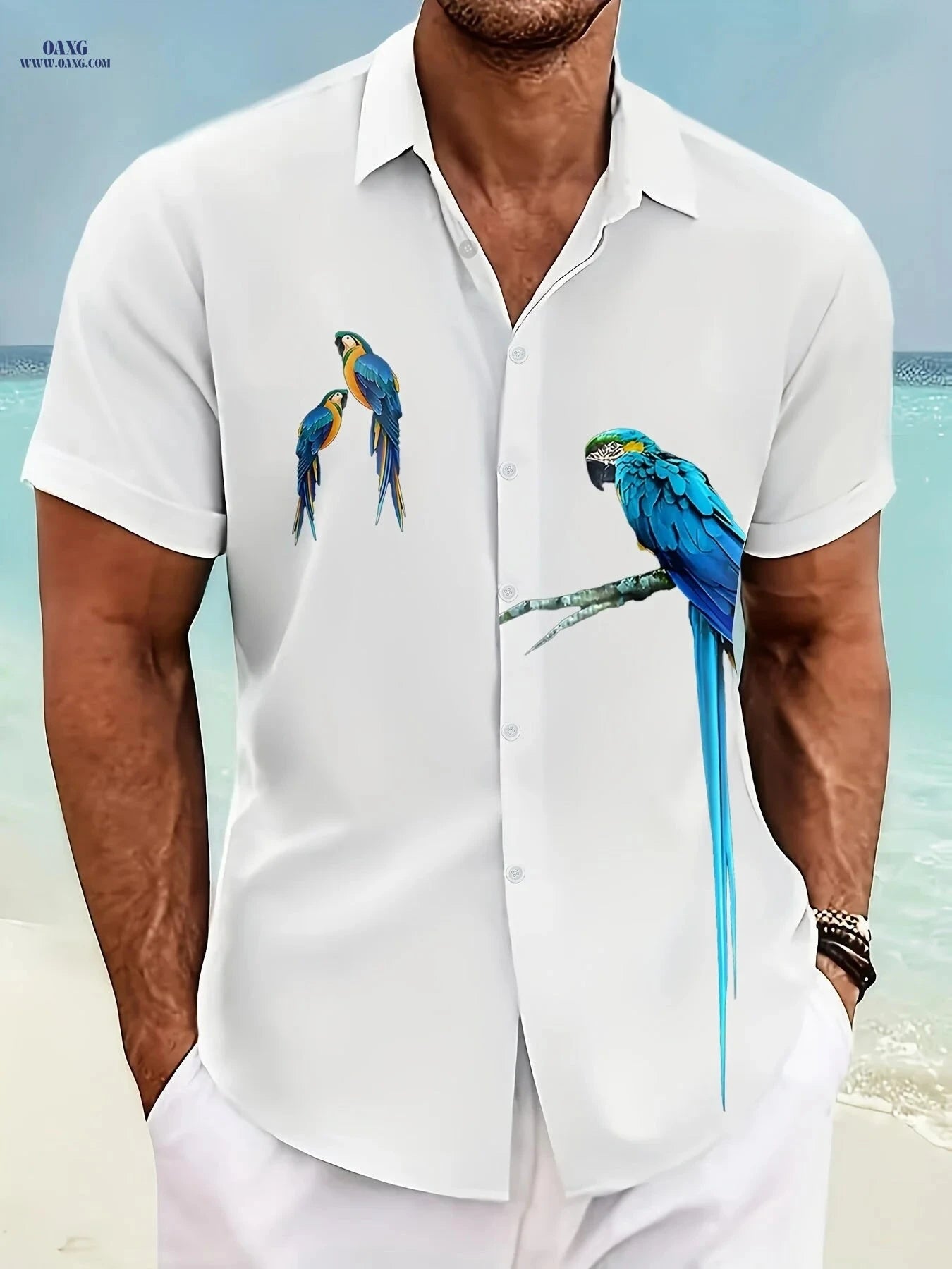 Men's Hawaiian Shirt - Summer Parrot Pattern, Short Sleeve Casual Style   OAXG 