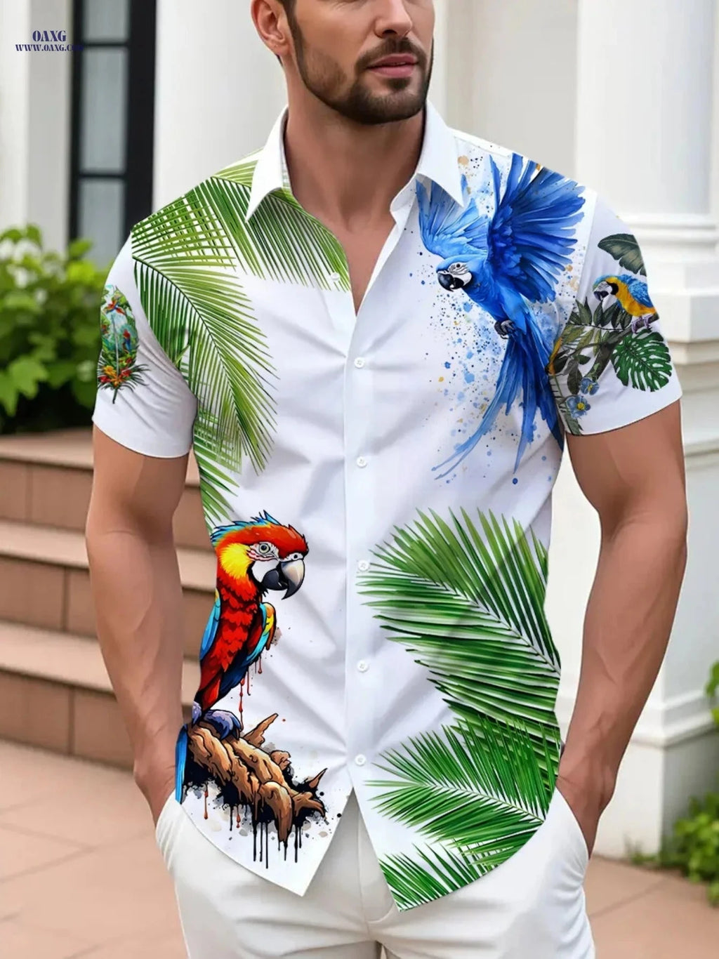 Men's Hawaiian Shirt - Tropical Parrot Print for Summer Beach Wear   OAXG Multicolor / FR S