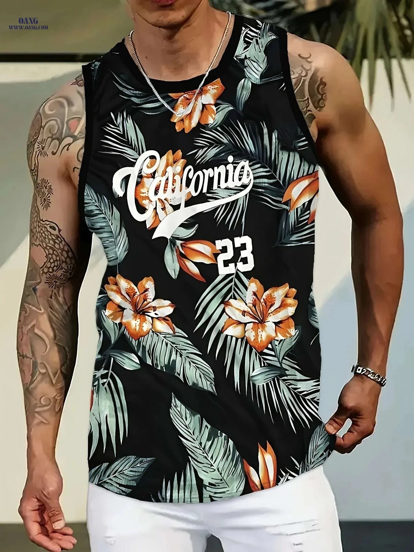 Men's Hawaiian Tropical Print Tank Top - Breathable Summer Gym Shirt   OAXG 