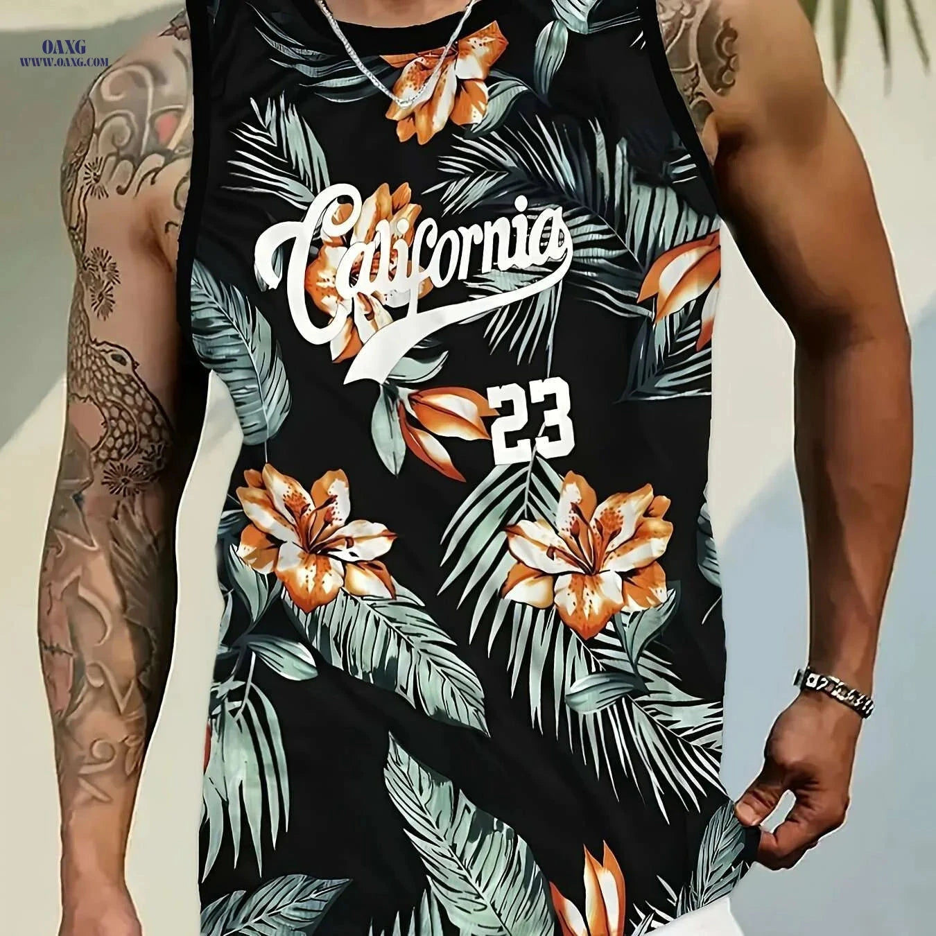 Men's Hawaiian Tropical Print Tank Top - Breathable Summer Gym Shirt   OAXG Mixed Color / S