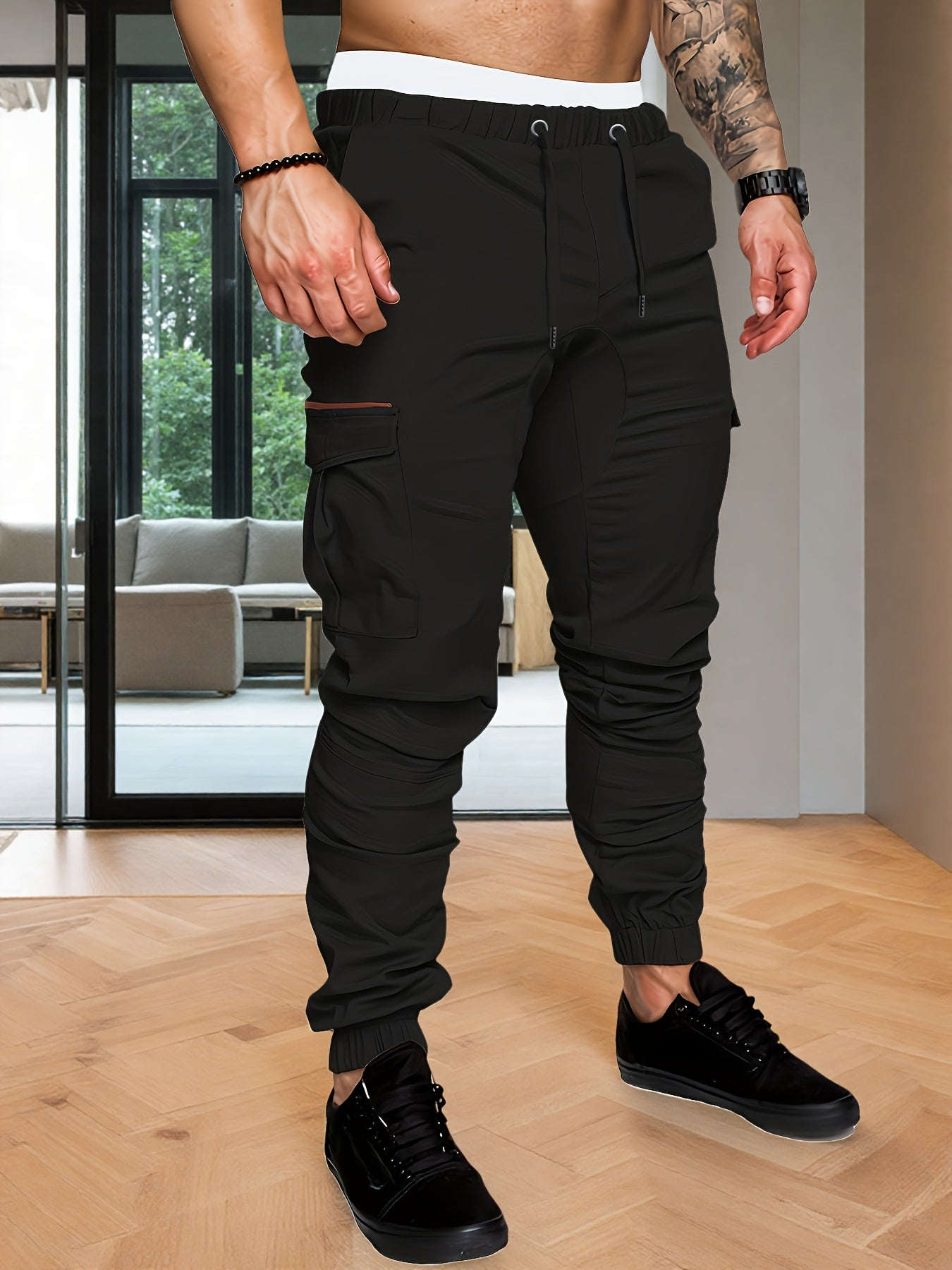 Men's Heavy-Duty Cargo Pants - Adjustable Waist, Machine-Washable   OAXG Black / FR S