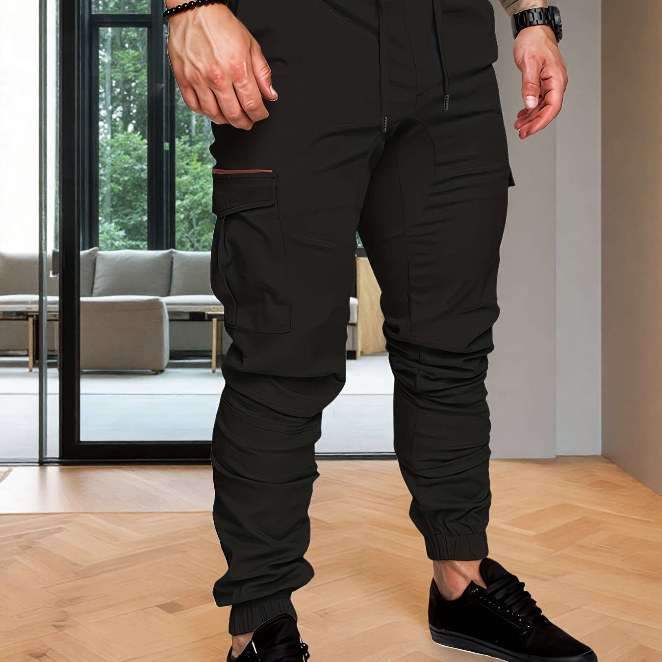 Men's Heavy-Duty Cargo Pants - Adjustable Waist, Machine-Washable   OAXG Black / FR S