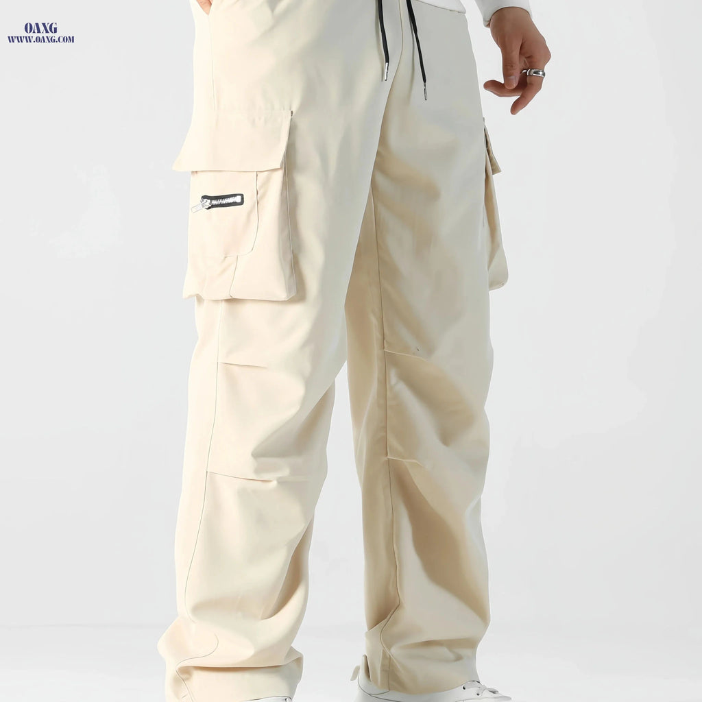 Men's Heavy-Duty Cargo Pants - Loose Fit with Zippered Pockets   OAXG Khaki / FR S