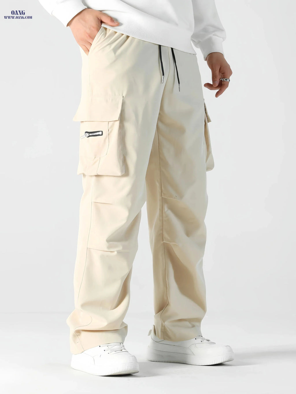 Men's Heavy-Duty Cargo Pants - Loose Fit with Zippered Pockets   OAXG 