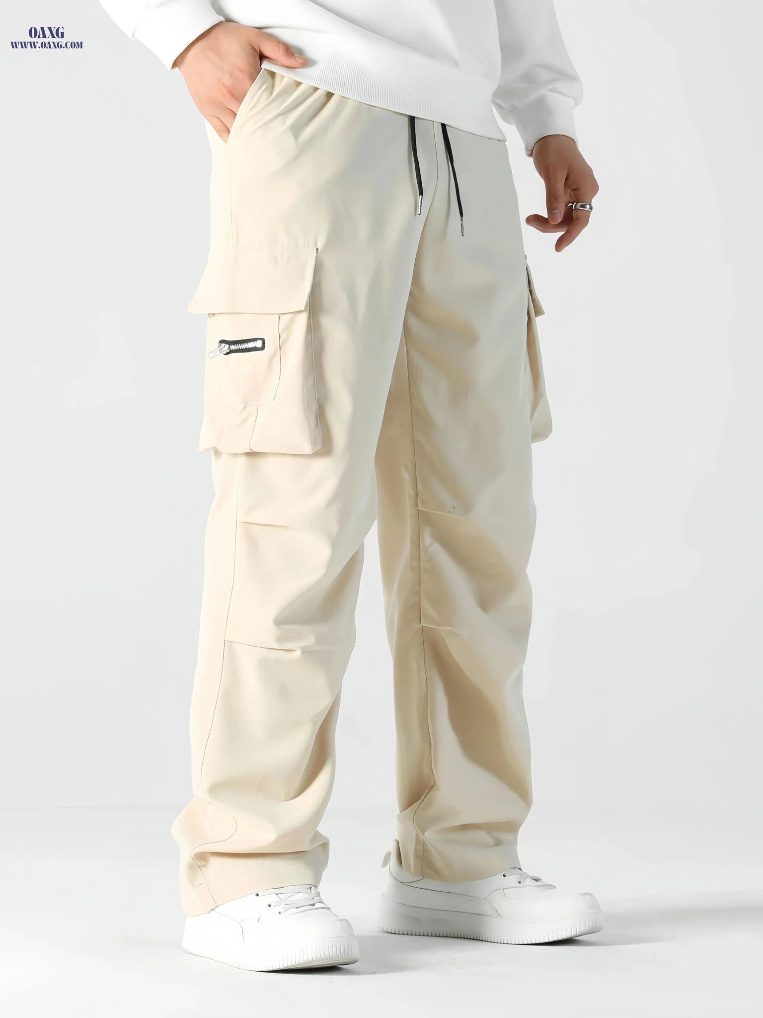 Men's Heavy-Duty Cargo Pants - Loose Fit with Zippered Pockets   OAXG 