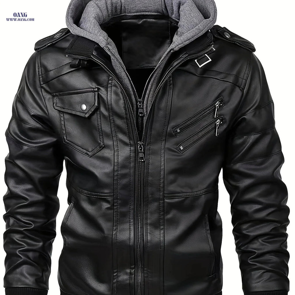 Men's Heavy-Duty Hooded Motorcycle Jacket - Full-Zip Closure & Pockets   OAXG 