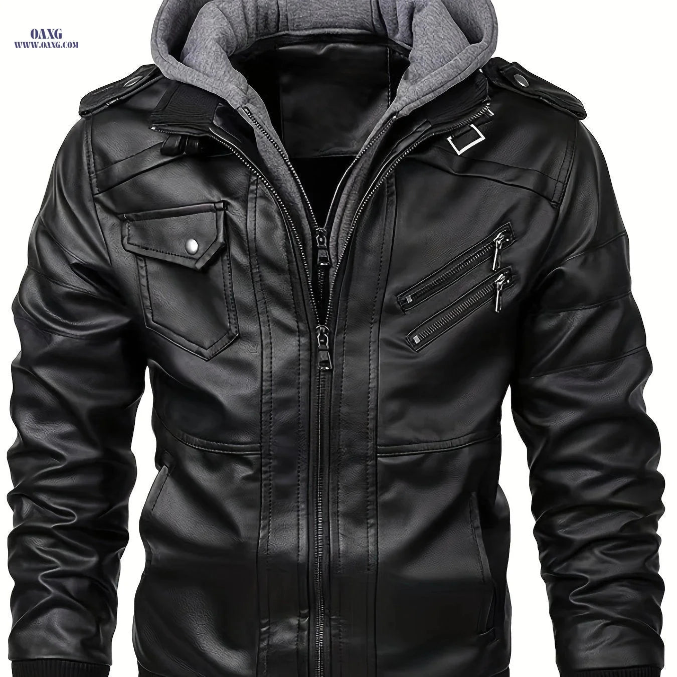Men's Heavy-Duty Hooded Motorcycle Jacket - Full-Zip Closure & Pockets   OAXG 