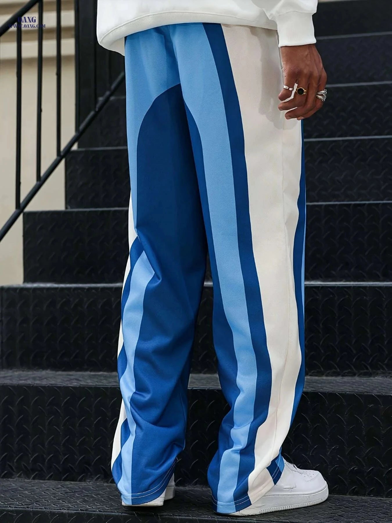 Men's Heavy-Duty Loose-Fit Jogger Pants - Striped Athletic Track   OAXG Blue And White / S
