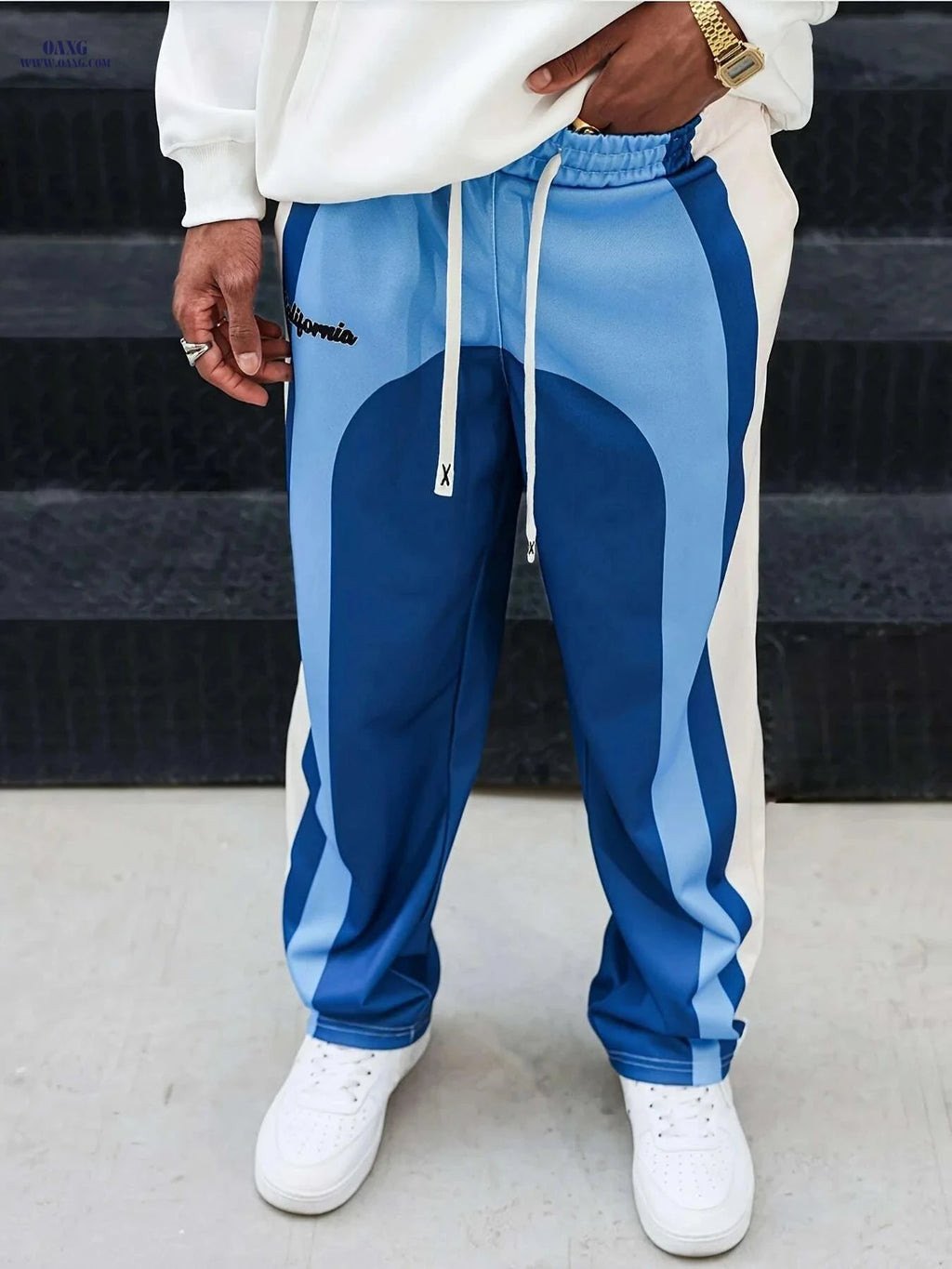 Men's Heavy-Duty Loose-Fit Jogger Pants - Striped Athletic Track   OAXG Blue And White / S