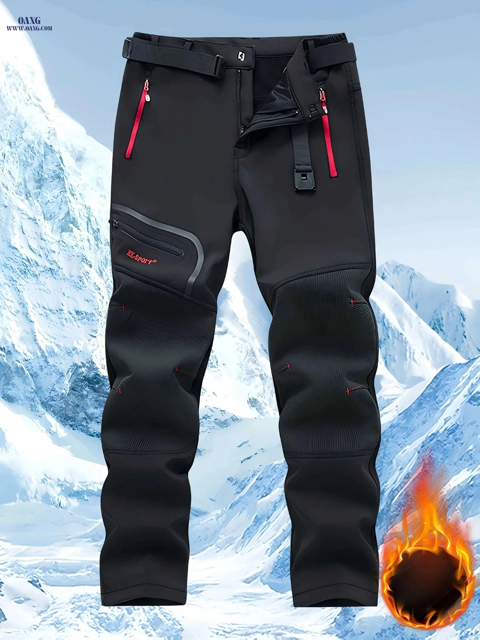 Men's Heavy-Duty Thermal Pants - Windproof, Adjustable Belt, Zippered Pockets   OAXG 