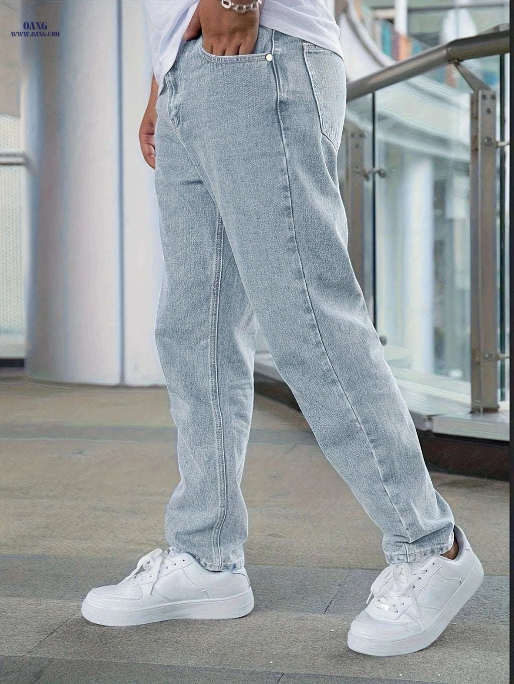 Men's Heavy-Duty Washed Black Jeans - Classic Straight-Leg Casual Fit   OAXG 