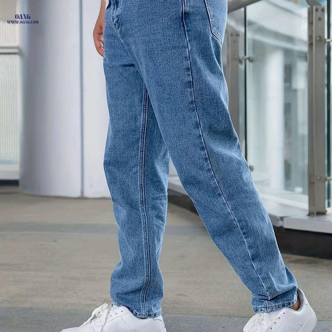 Men's Heavy-Duty Washed Black Jeans - Classic Straight-Leg Casual Fit   OAXG 