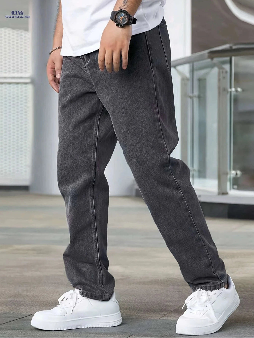 Men's Heavy-Duty Washed Black Jeans - Classic Straight-Leg Casual Fit   OAXG Light Grey / FR XS