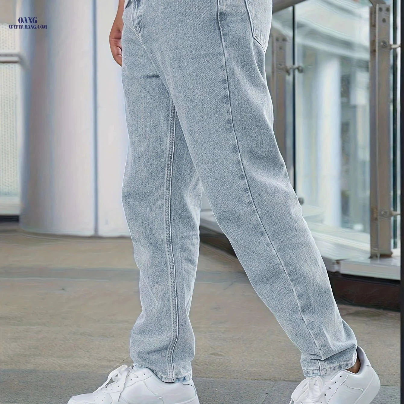 Men's Heavy-Duty Washed Black Jeans - Classic Straight-Leg Casual Fit   OAXG Light Grey / FR XS