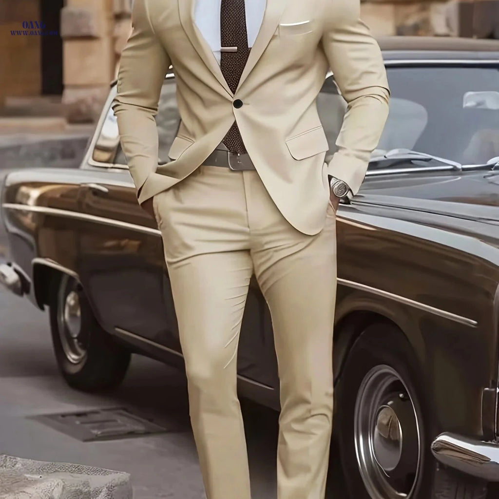 Men's High-End 2pcs Suit Set - Fashionable for Weddings & Parties   OAXG Beige / FR XXS