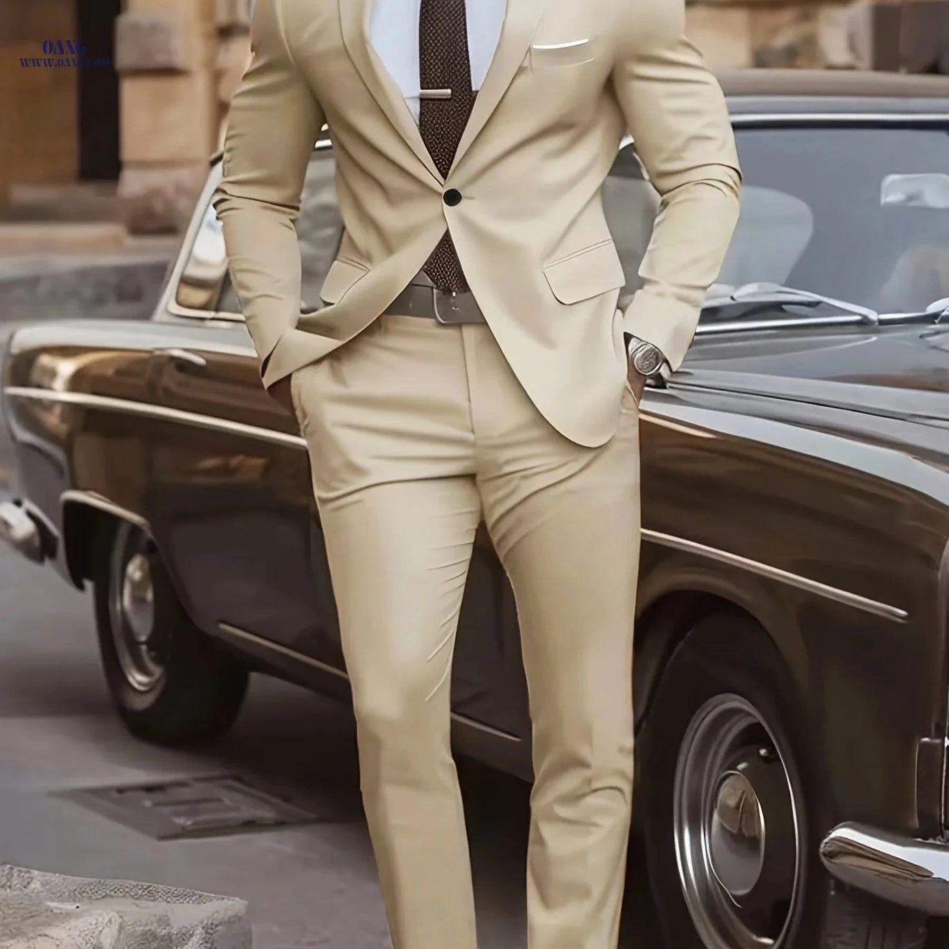 Men's High-End 2pcs Suit Set - Fashionable for Weddings & Parties   OAXG Beige / FR XXS