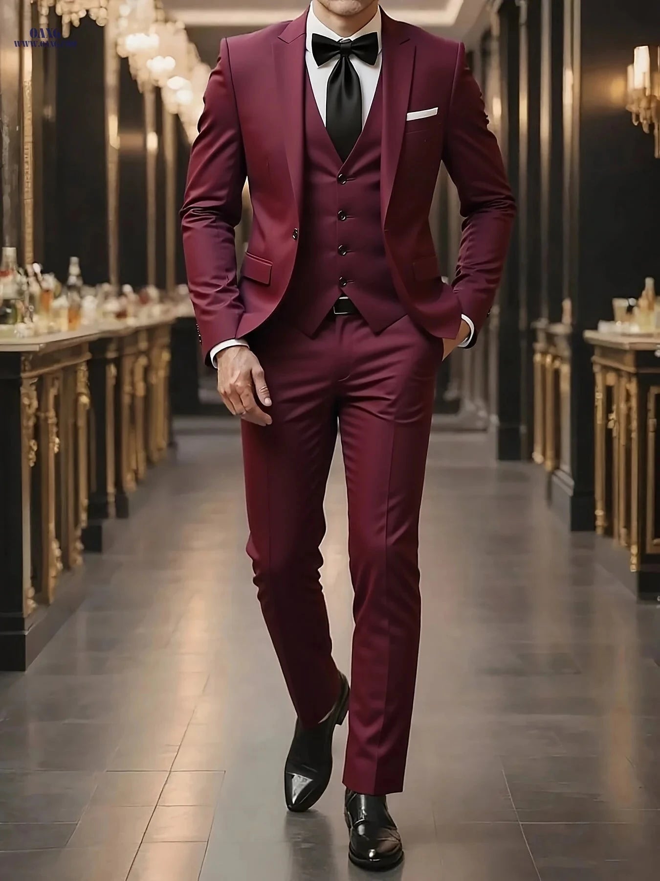 Men’s High-End 3-Piece Suit Set - Notched Lapel, Formal Attire   OAXG Burgundy / FR XXS