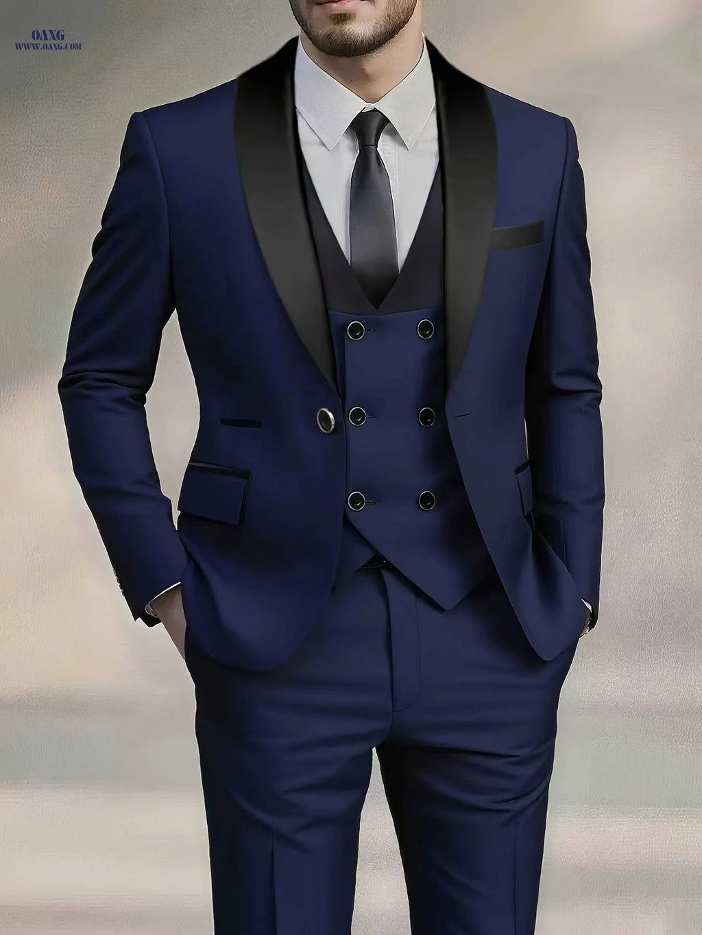 Men's High-End 3pcs Suit Set - Pea Coat, Vest, and Pants for Formal Wear   OAXG 