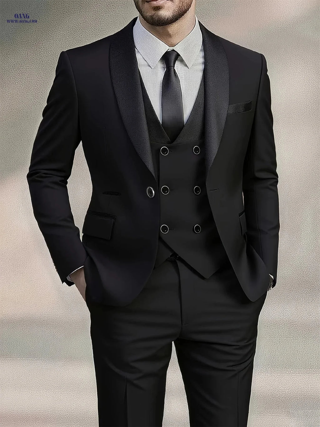 Men's High-End 3pcs Suit Set - Pea Coat, Vest, and Pants for Formal Wear   OAXG 