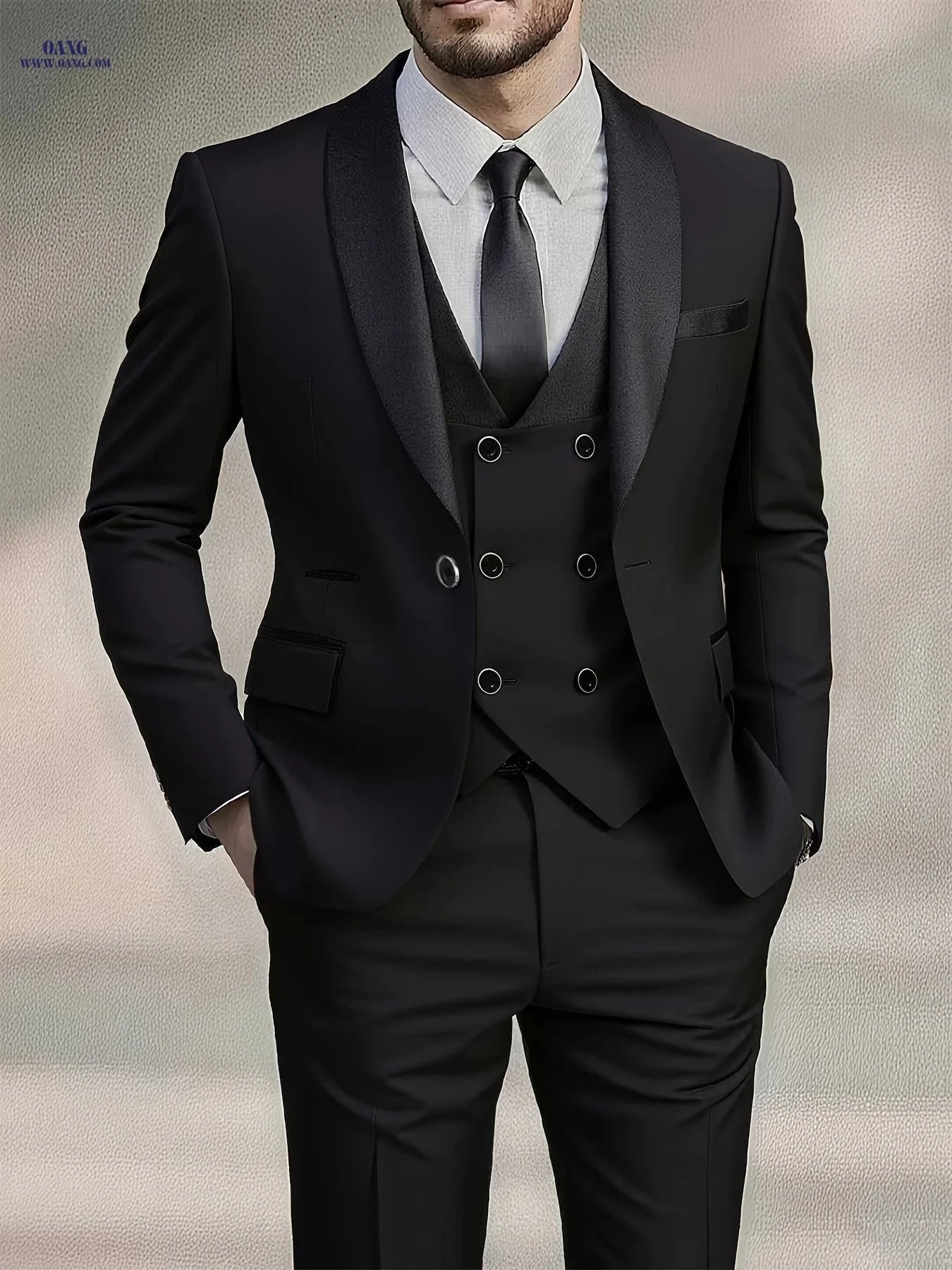 Men's High-End 3pcs Suit Set - Pea Coat, Vest, and Pants for Formal Wear   OAXG 