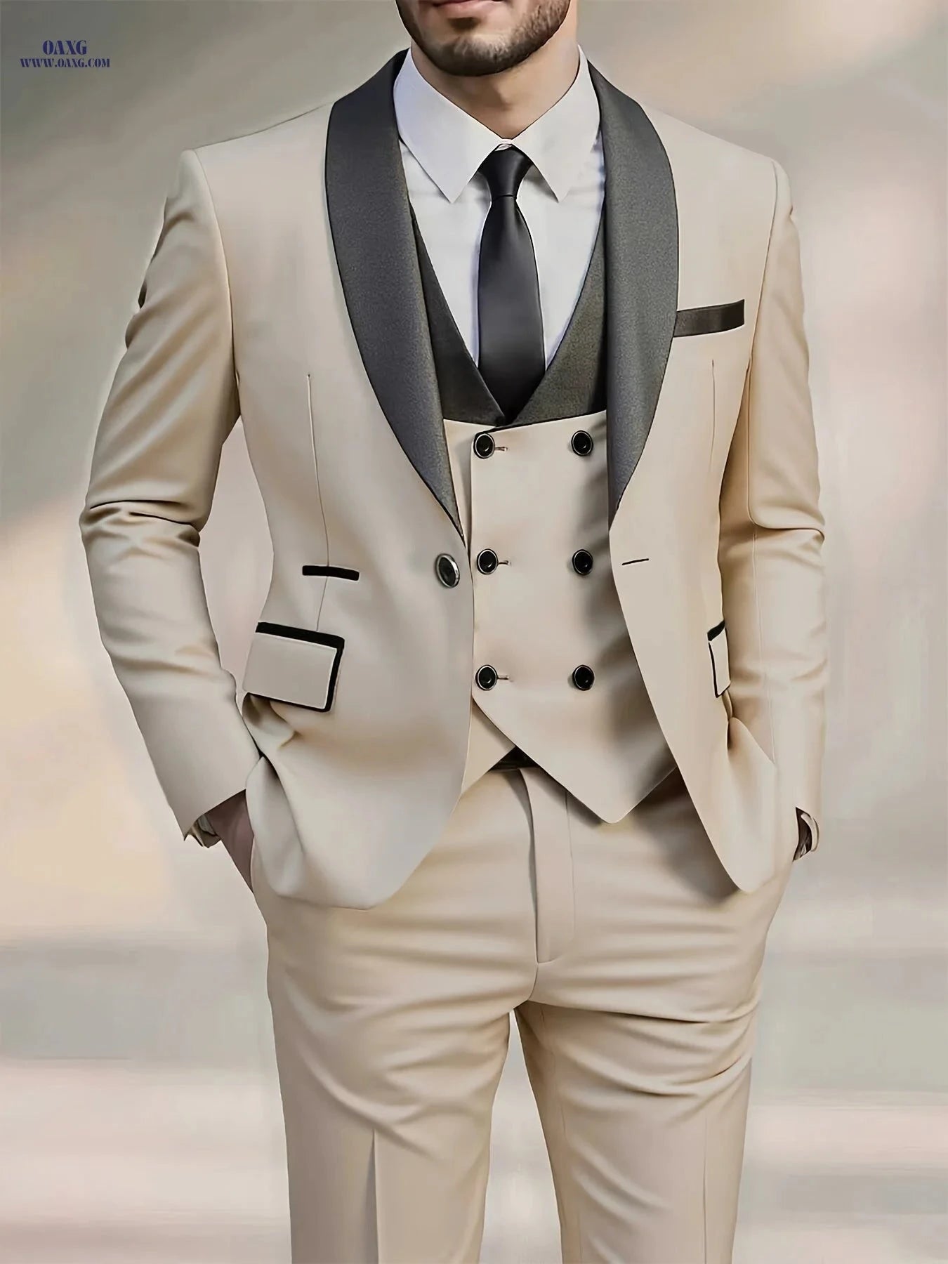 Men's High-End 3pcs Suit Set - Pea Coat, Vest, and Pants for Formal Wear   OAXG 