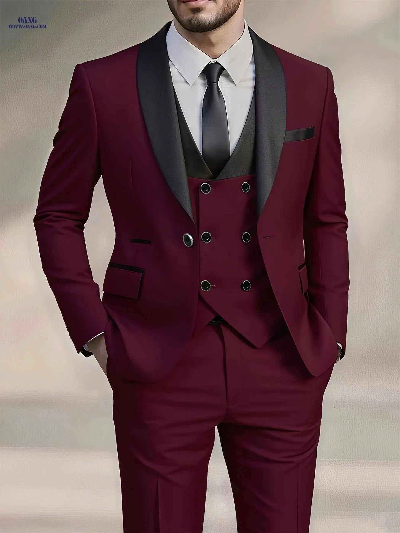 Men's High-End 3pcs Suit Set - Pea Coat, Vest, and Pants for Formal Wear   OAXG Beige / FR XXS