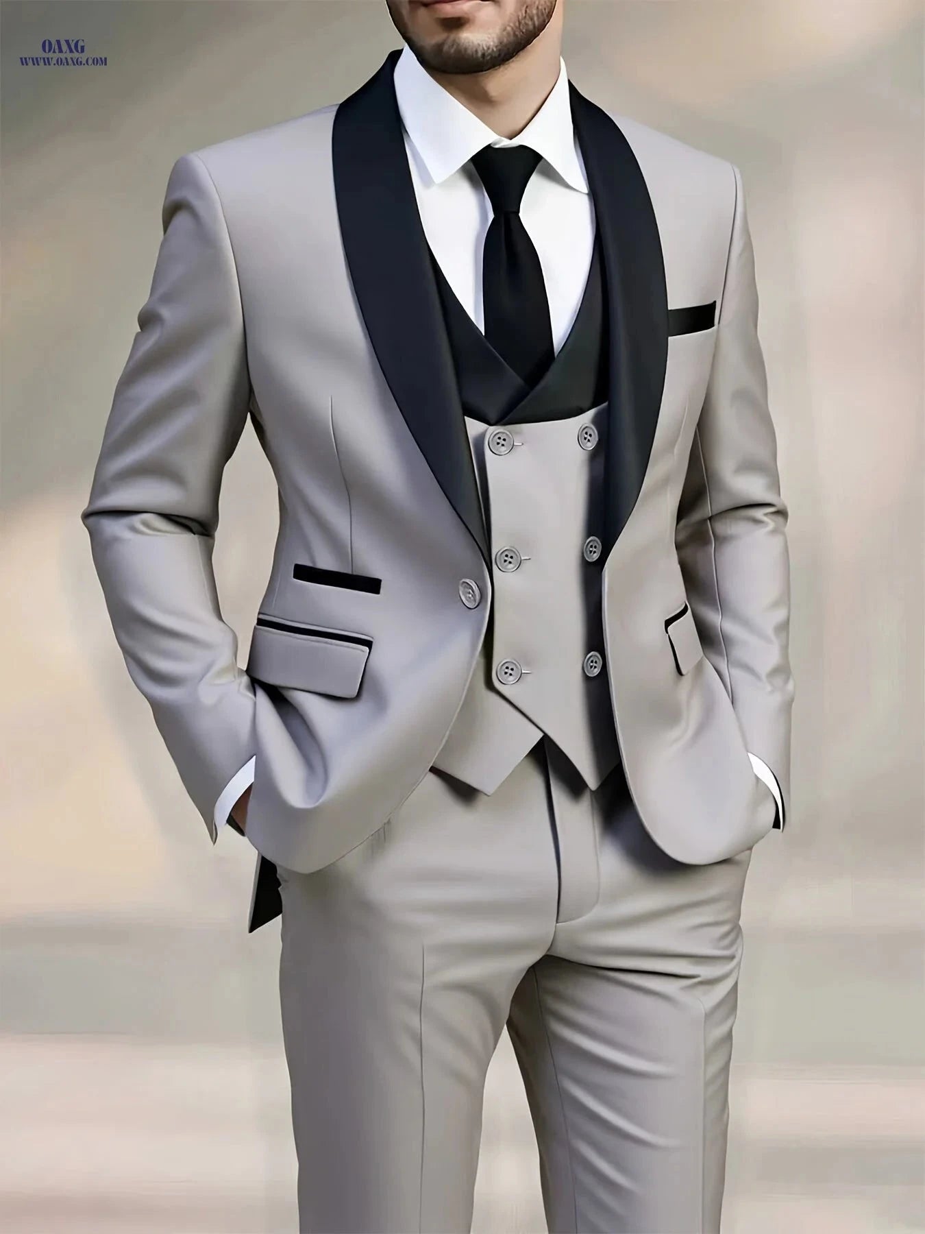 Men's High-End 3pcs Suit Set - Pea Coat, Vest, and Pants for Formal Wear   OAXG Beige / FR XXS