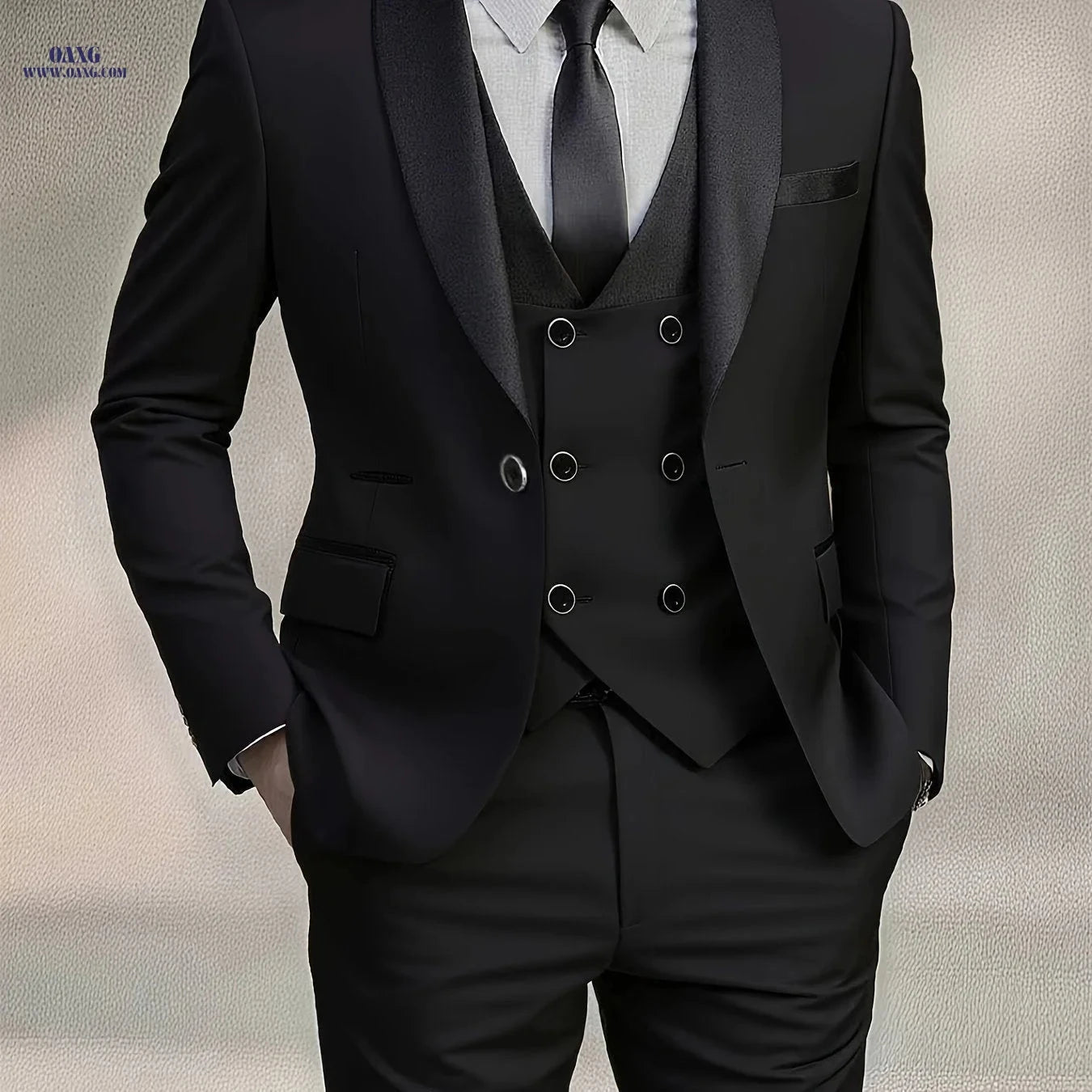 Men's High-End 3pcs Suit Set - Pea Coat, Vest, and Pants for Formal Wear   OAXG Beige / FR XXS