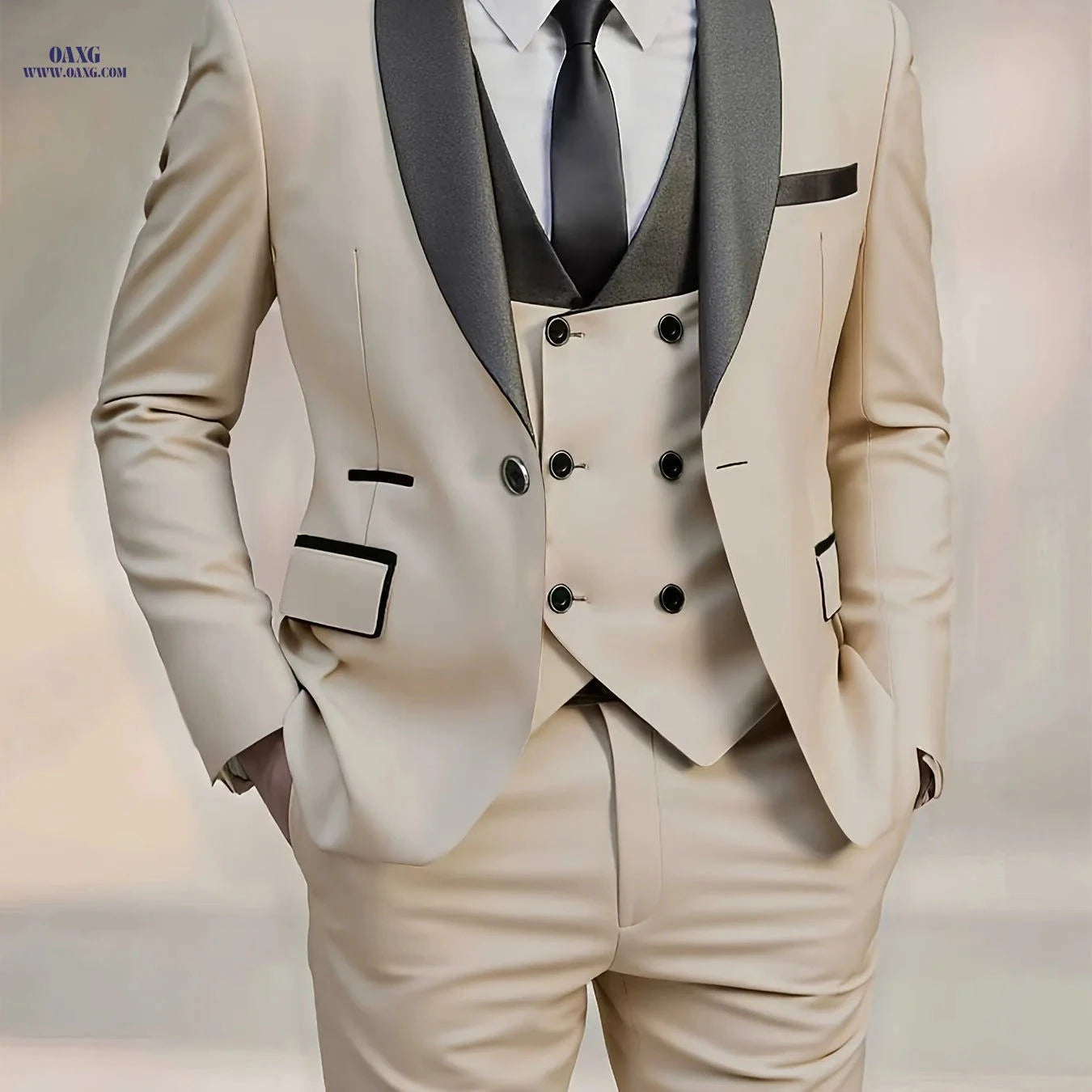 Men's High-End 3pcs Suit Set - Pea Coat, Vest, and Pants for Formal Wear   OAXG Beige / FR XXS