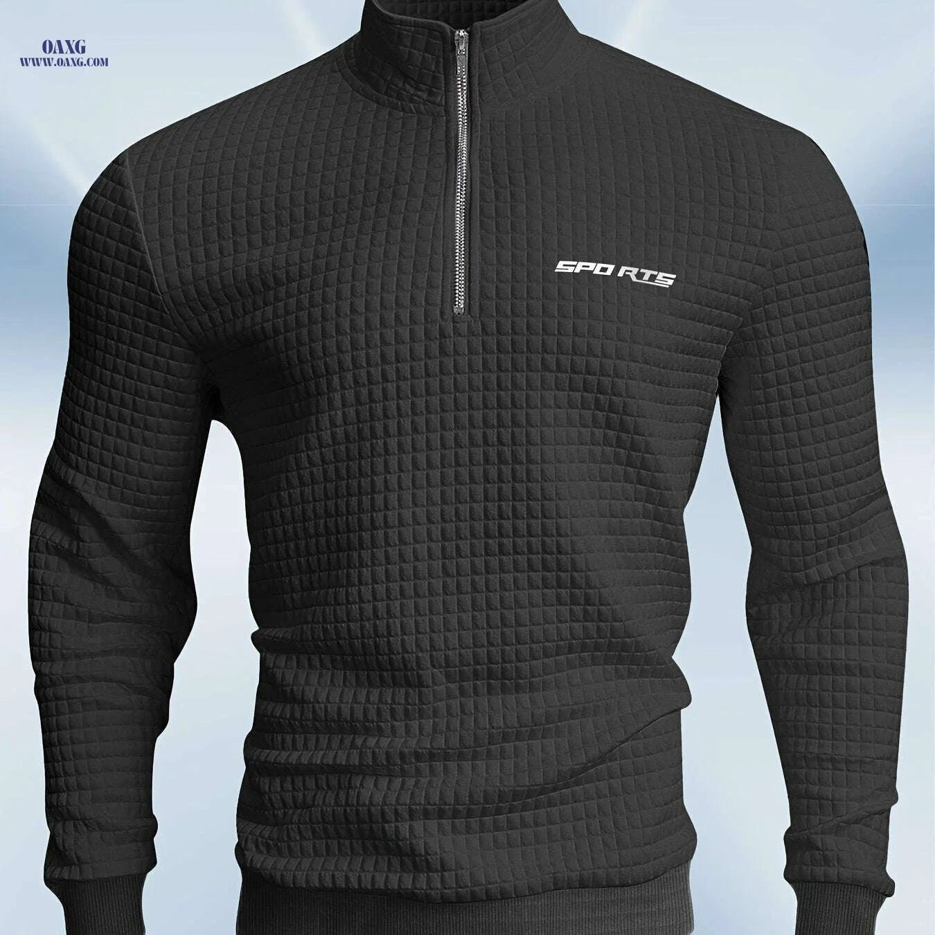Men's High-Neck Sweatshirt with Half Zipper - Checkered Pattern   OAXG 