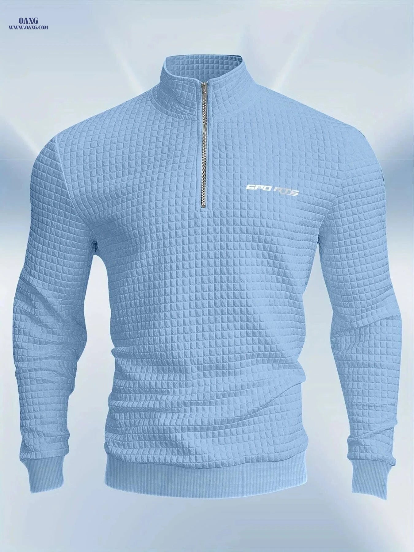Men's High-Neck Sweatshirt with Half Zipper - Checkered Pattern   OAXG 