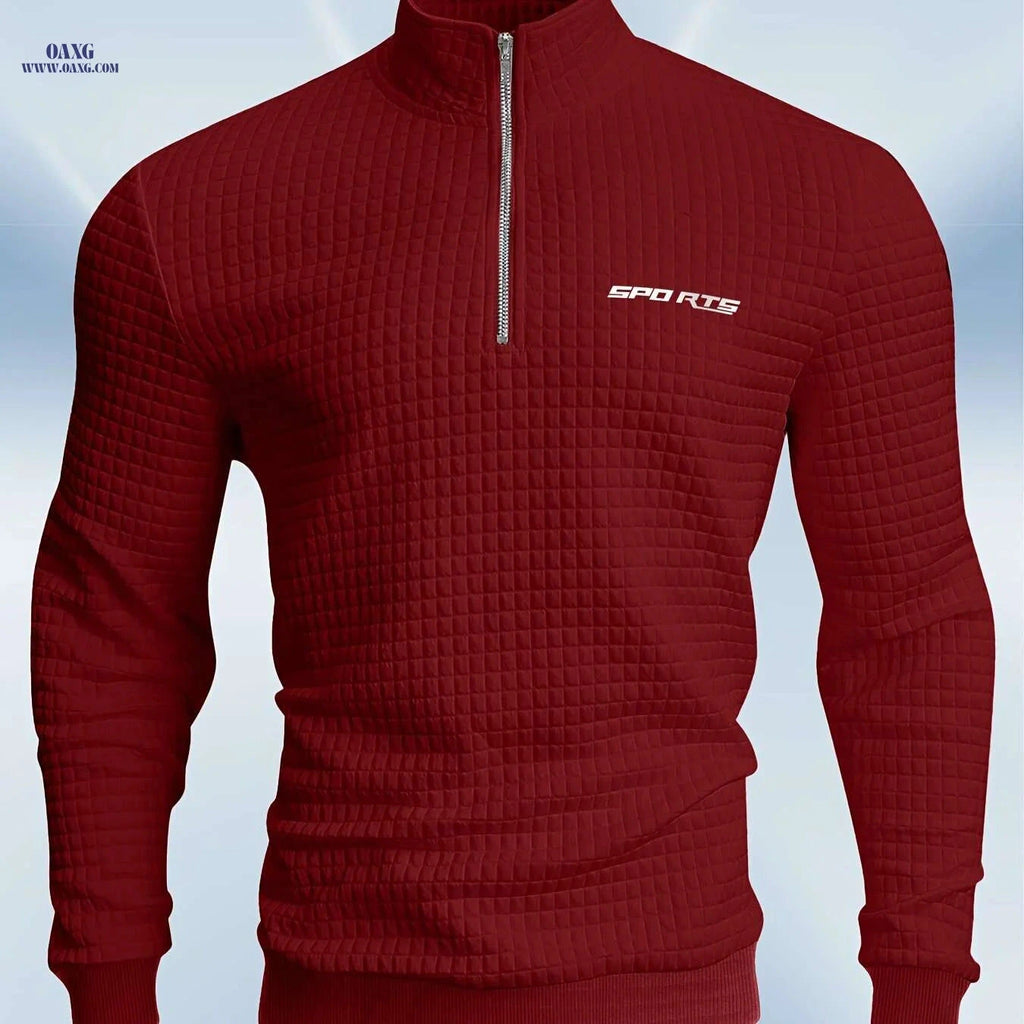 Men's High-Neck Sweatshirt with Half Zipper - Checkered Pattern   OAXG Red / S