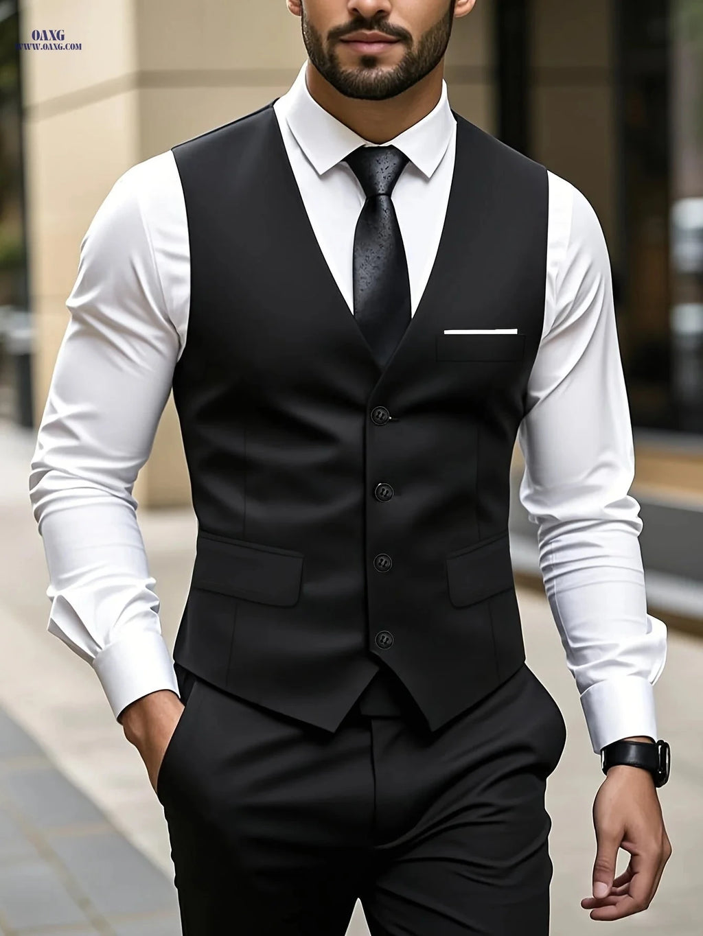 Men's High-Quality Solid Color Suit Set - Vest & Western Pants   OAXG 