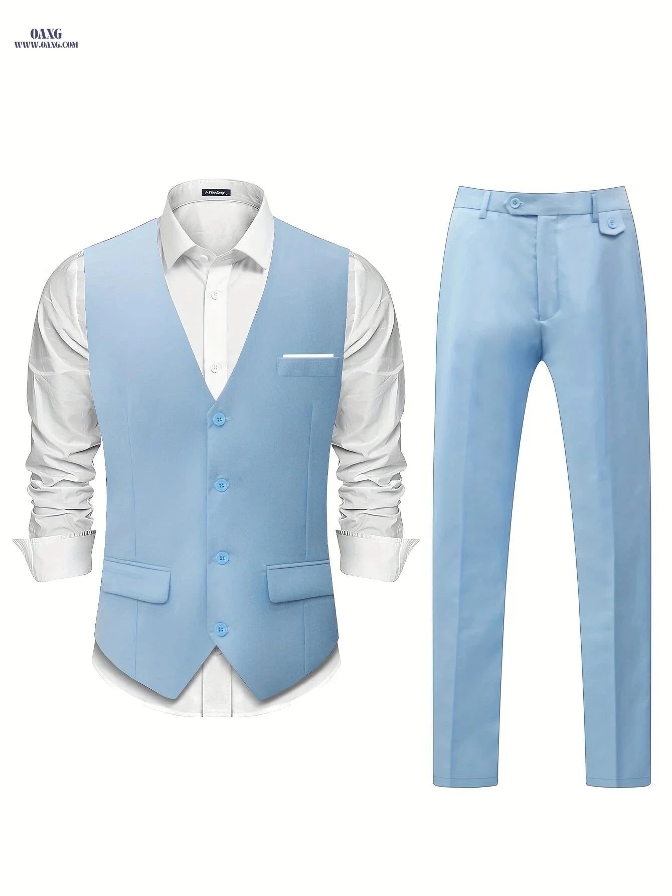 Men's High-Quality Solid Color Suit Set - Vest & Western Pants   OAXG Sky Blue / FR S