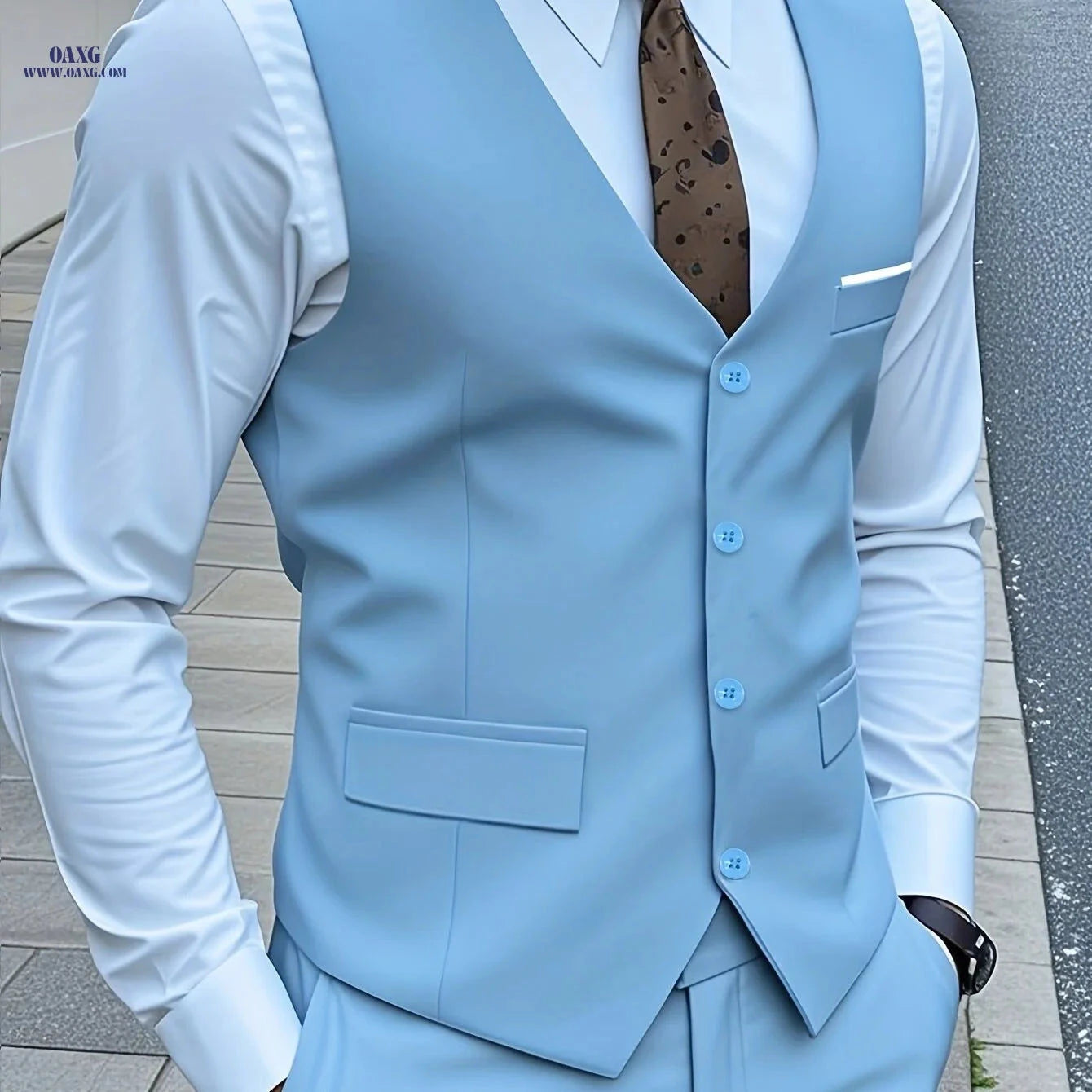 Men's High-Quality Solid Color Suit Set - Vest & Western Pants   OAXG Sky Blue / FR S