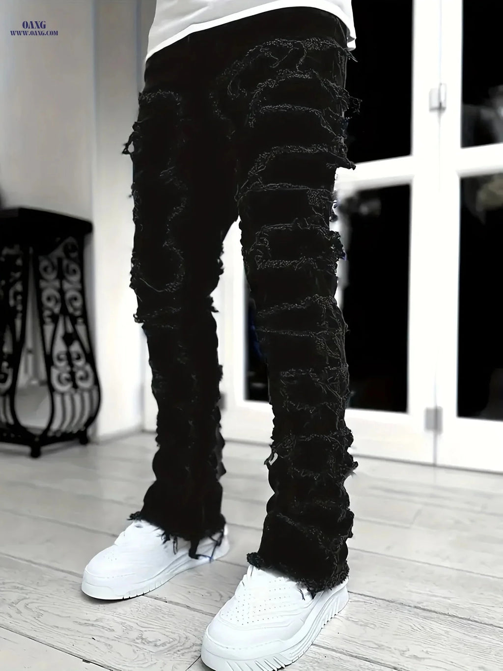 Men's High-Street Distressed Denim Jeans - Slim Fit & Ripped Design   OAXG 