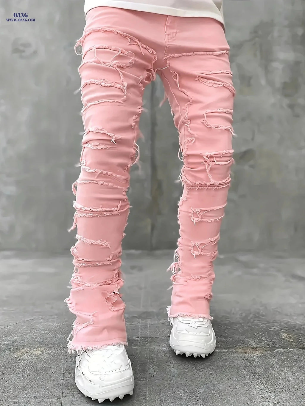 Men's High-Street Distressed Denim Jeans - Slim Fit & Ripped Design   OAXG 