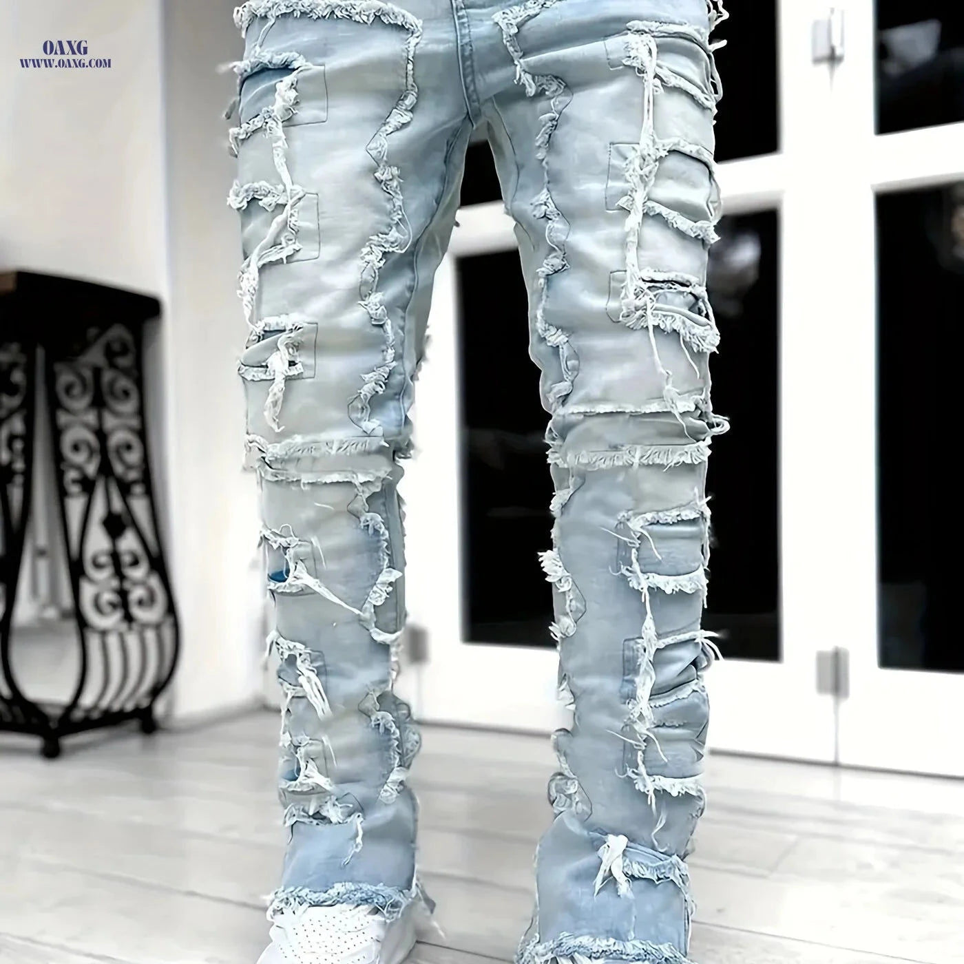 Men's High-Street Distressed Denim Jeans - Slim Fit & Ripped Design   OAXG Black / FR S