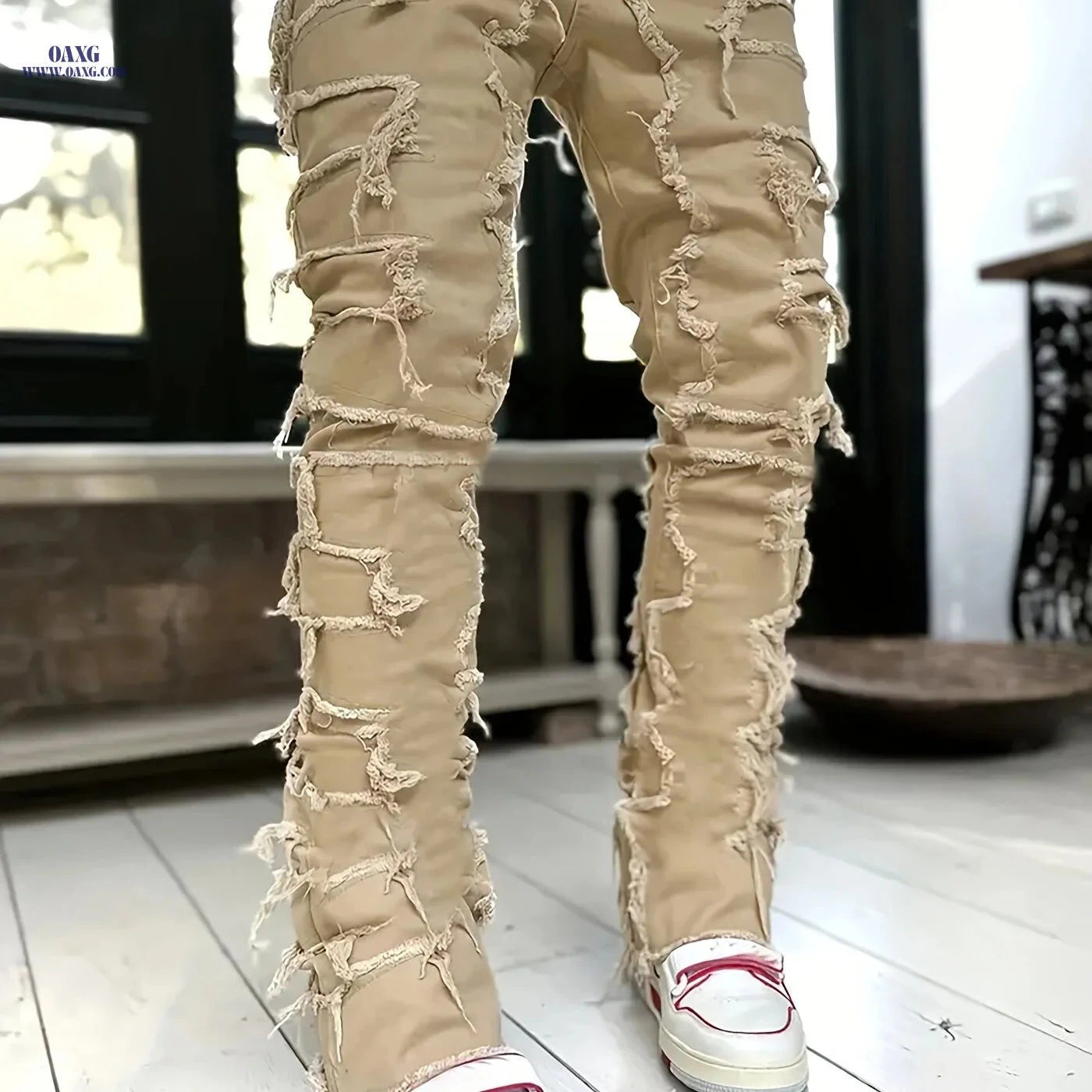 Men's High-Street Distressed Denim Jeans - Slim Fit & Ripped Design   OAXG 
