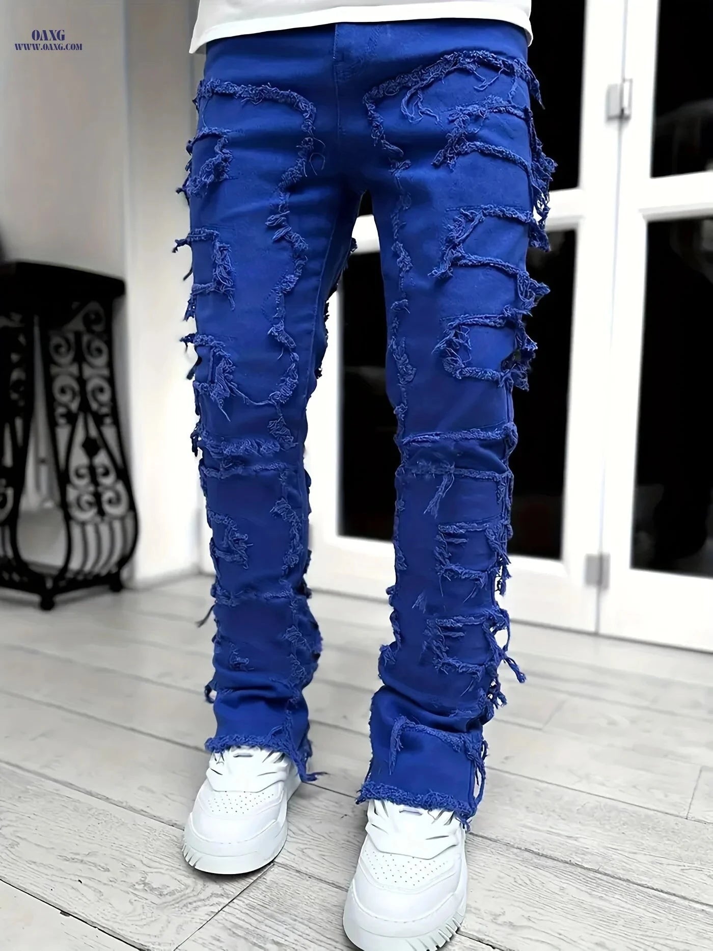 Men's High-Street Distressed Denim Jeans - Slim Fit & Ripped Design   OAXG 