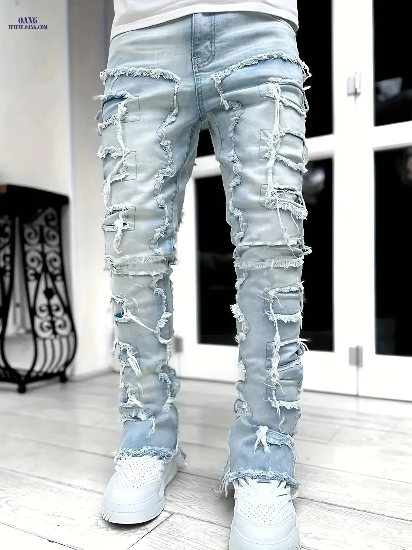 Men's High-Street Distressed Denim Jeans - Slim Fit & Ripped Design   OAXG 
