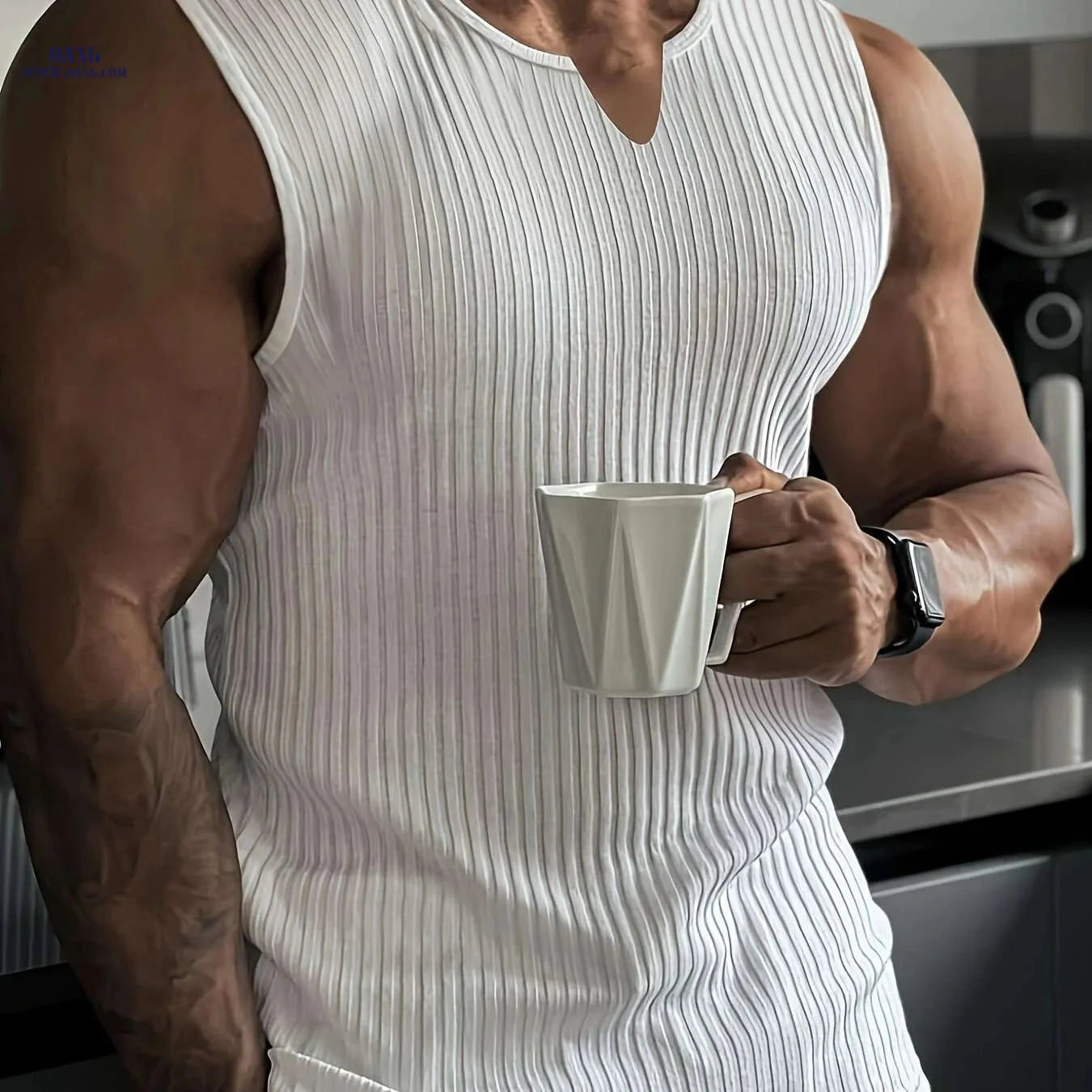 Men's High Stretch Ribbed Sleeveless V-Neck Tank Top for Summer Sports   OAXG crimson / M