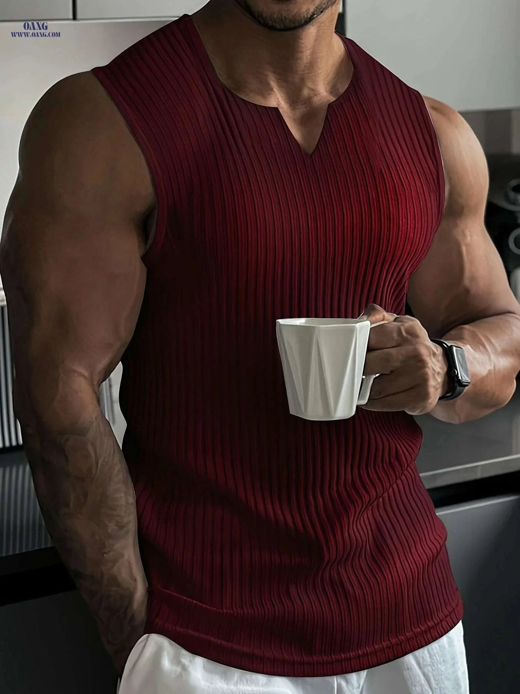 Men's High Stretch Ribbed Sleeveless V-Neck Tank Top for Summer Sports   OAXG crimson / M