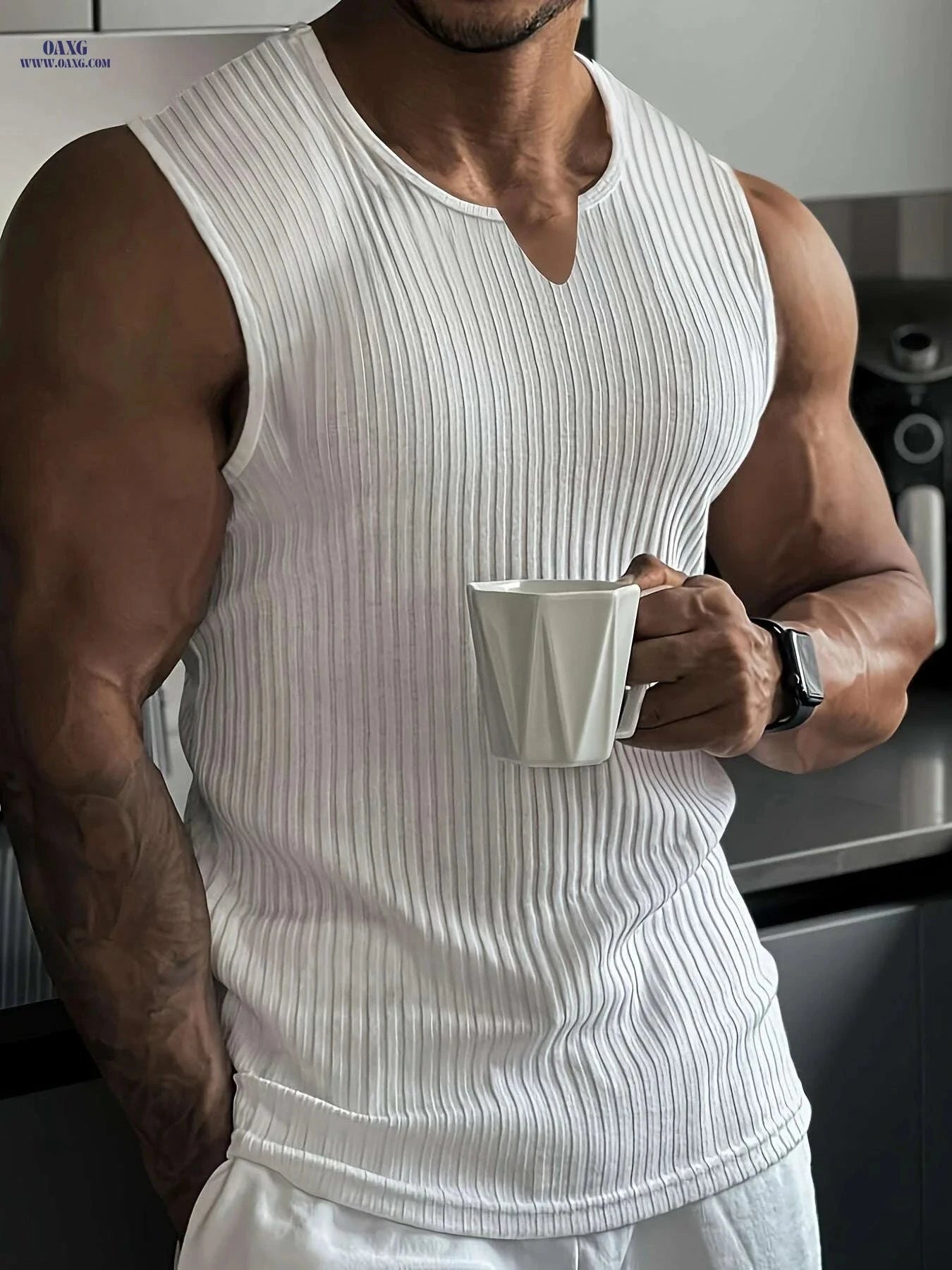 Men's High Stretch Ribbed Sleeveless V-Neck Tank Top for Summer Sports   OAXG crimson / M