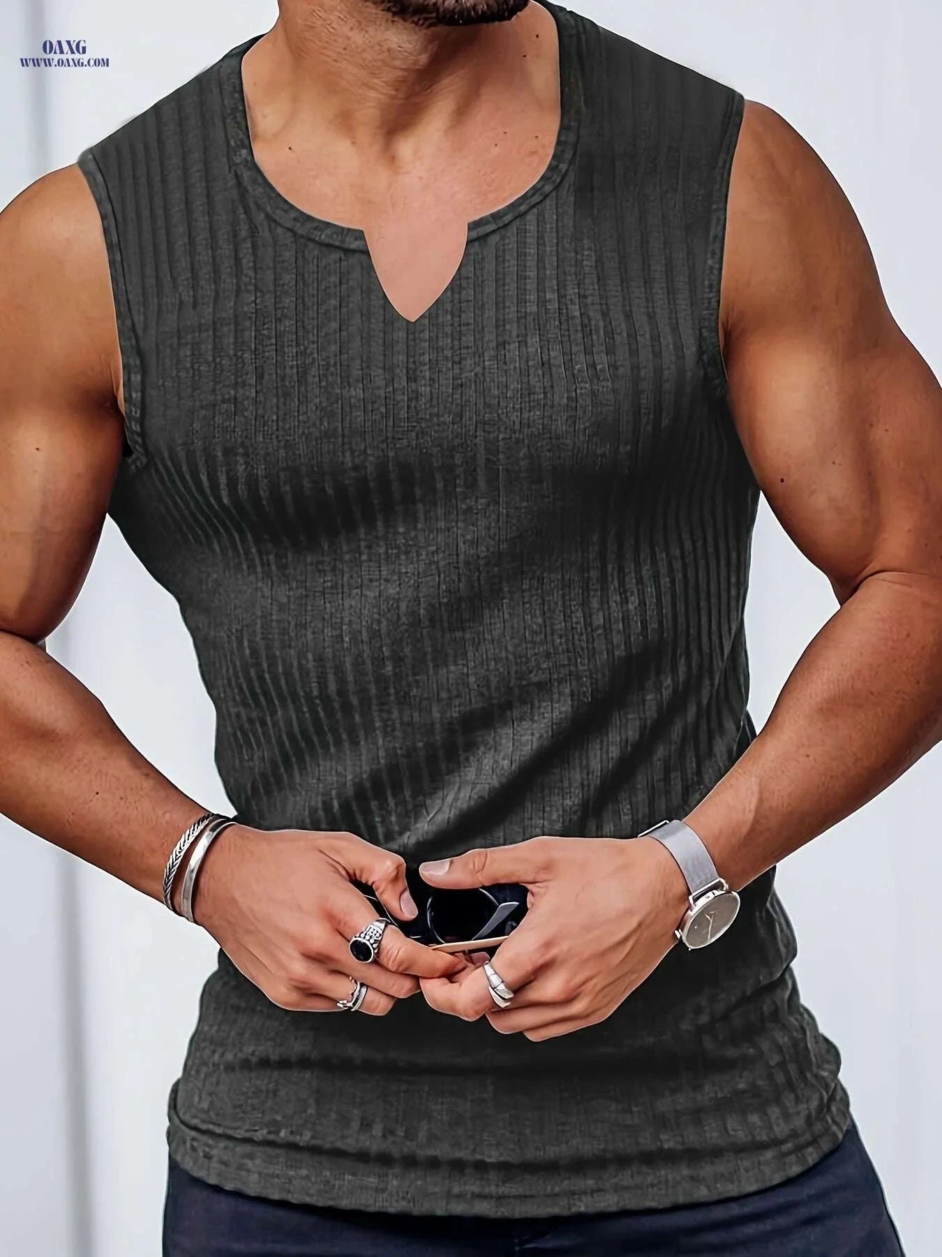 Men's High Stretch Ribbed Sleeveless V-Neck Tank Top for Summer Sports   OAXG crimson / M