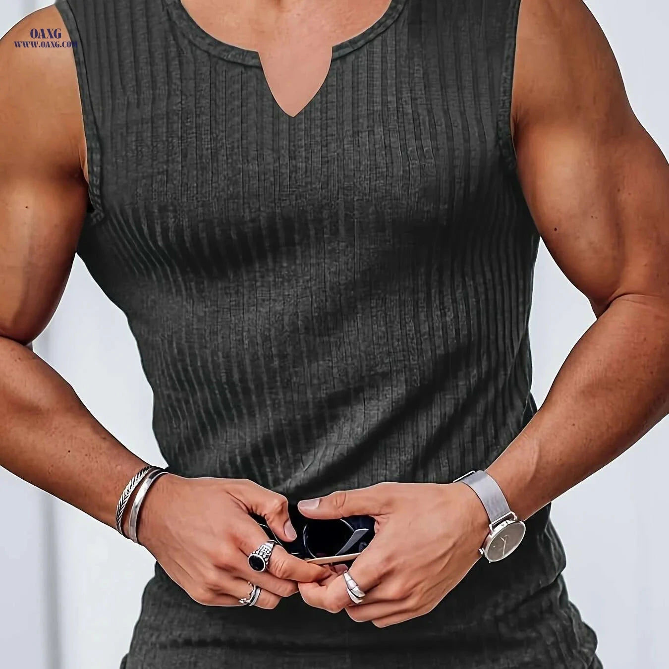 Men's High Stretch Ribbed Sleeveless V-Neck Tank Top for Summer Sports   OAXG 