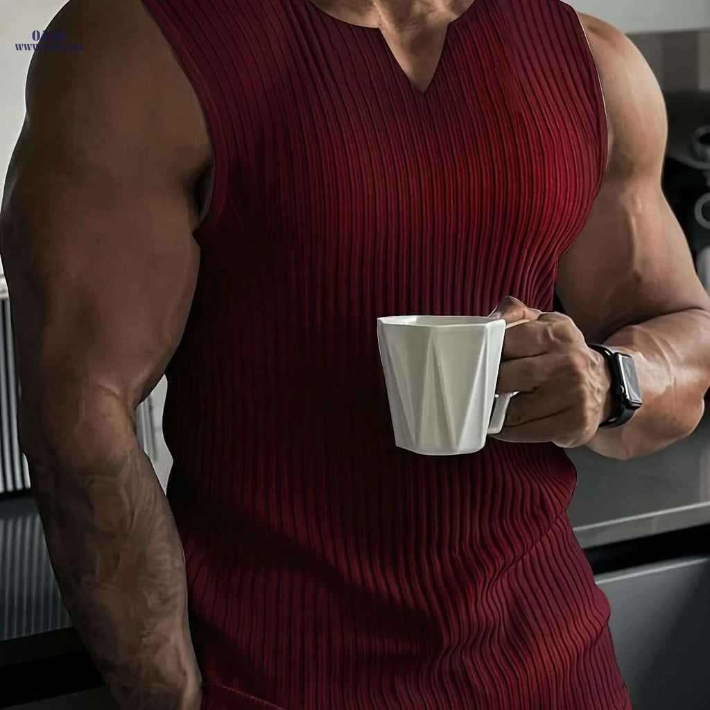 Men's High Stretch Ribbed Sleeveless V-Neck Tank Top for Summer Sports   OAXG 