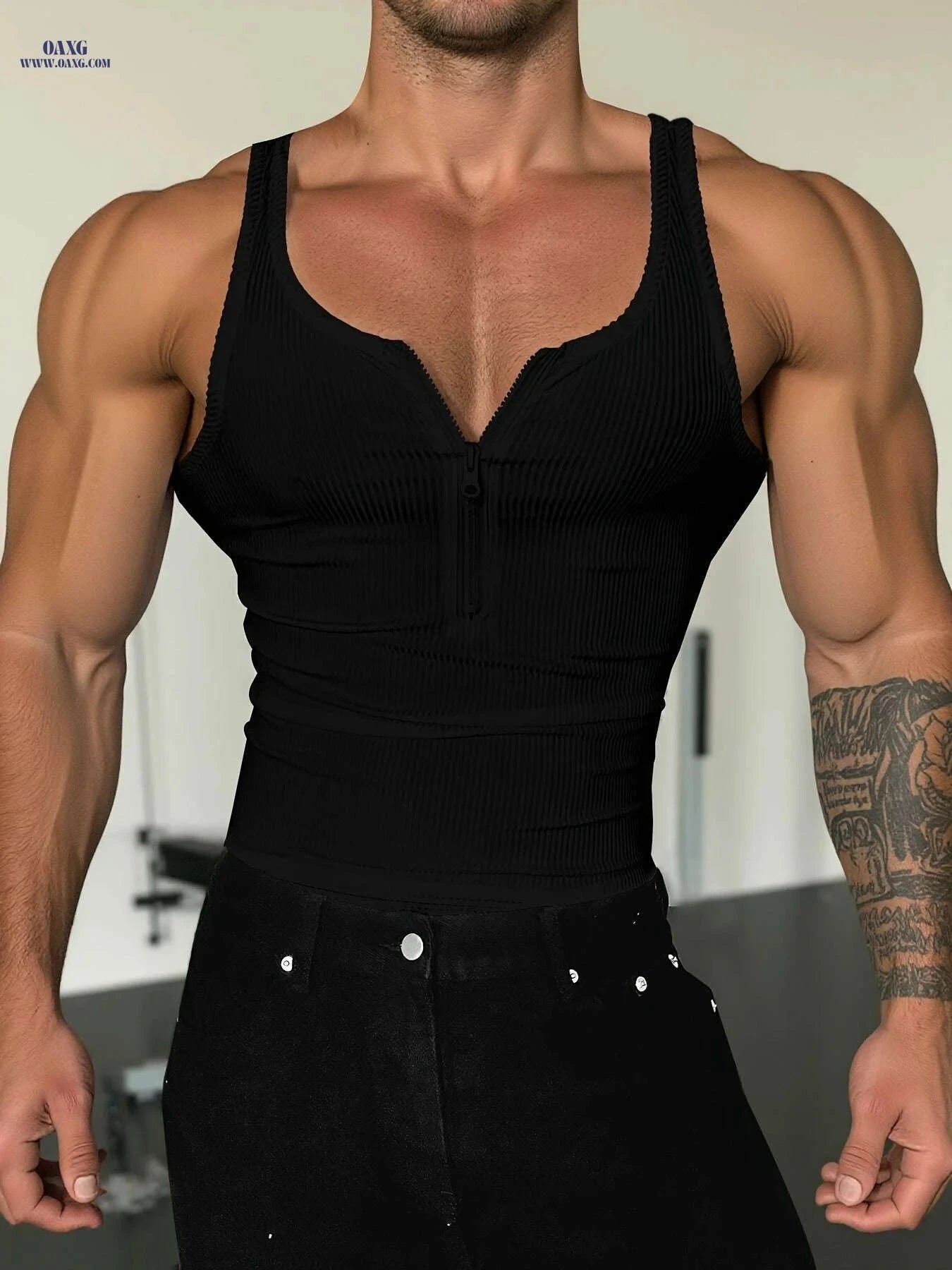Men's High-Stretch Zippered Muscle Tank - Breathable Workout Shirt   OAXG 