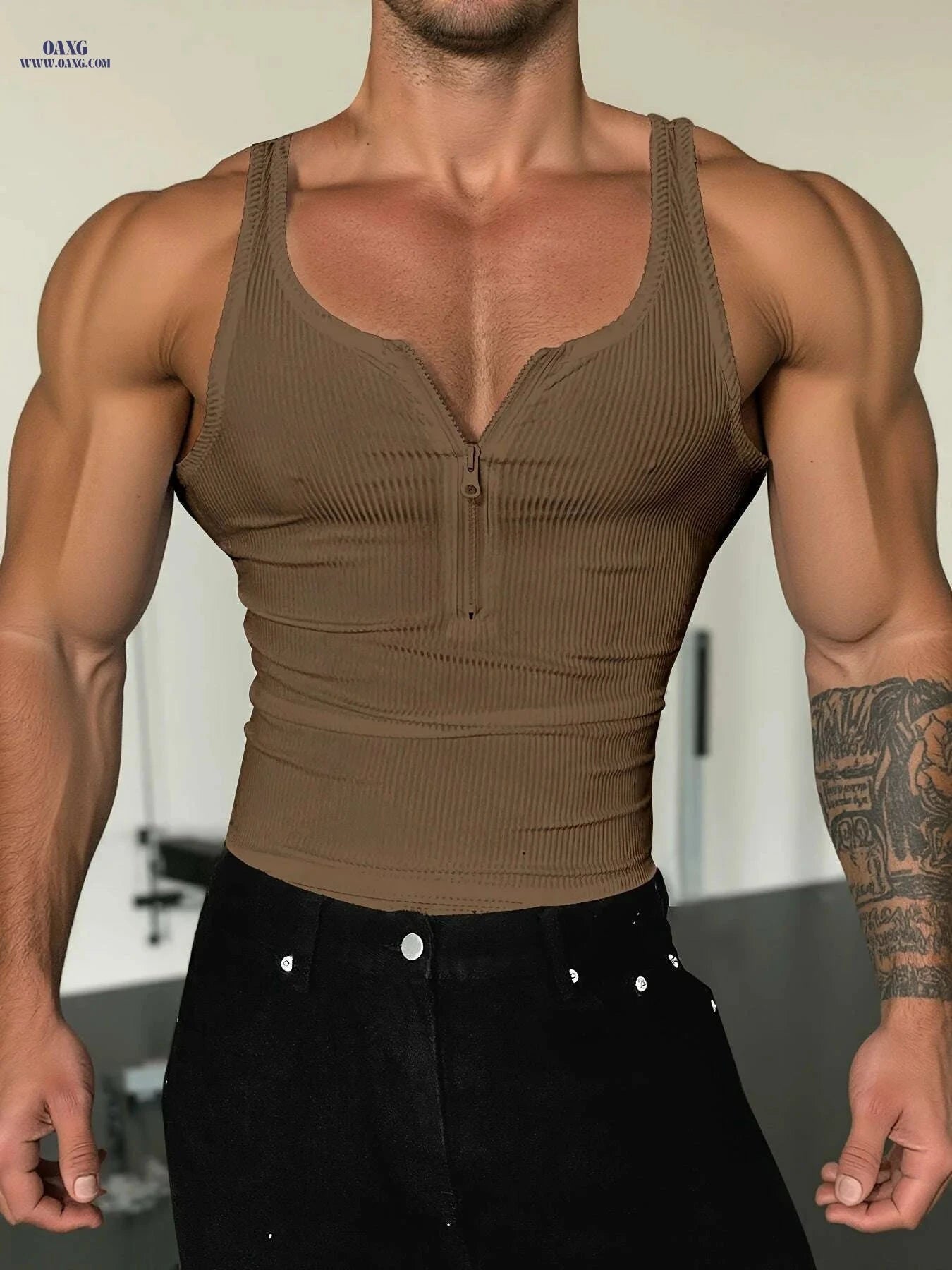 Men's High-Stretch Zippered Muscle Tank - Breathable Workout Shirt   OAXG 