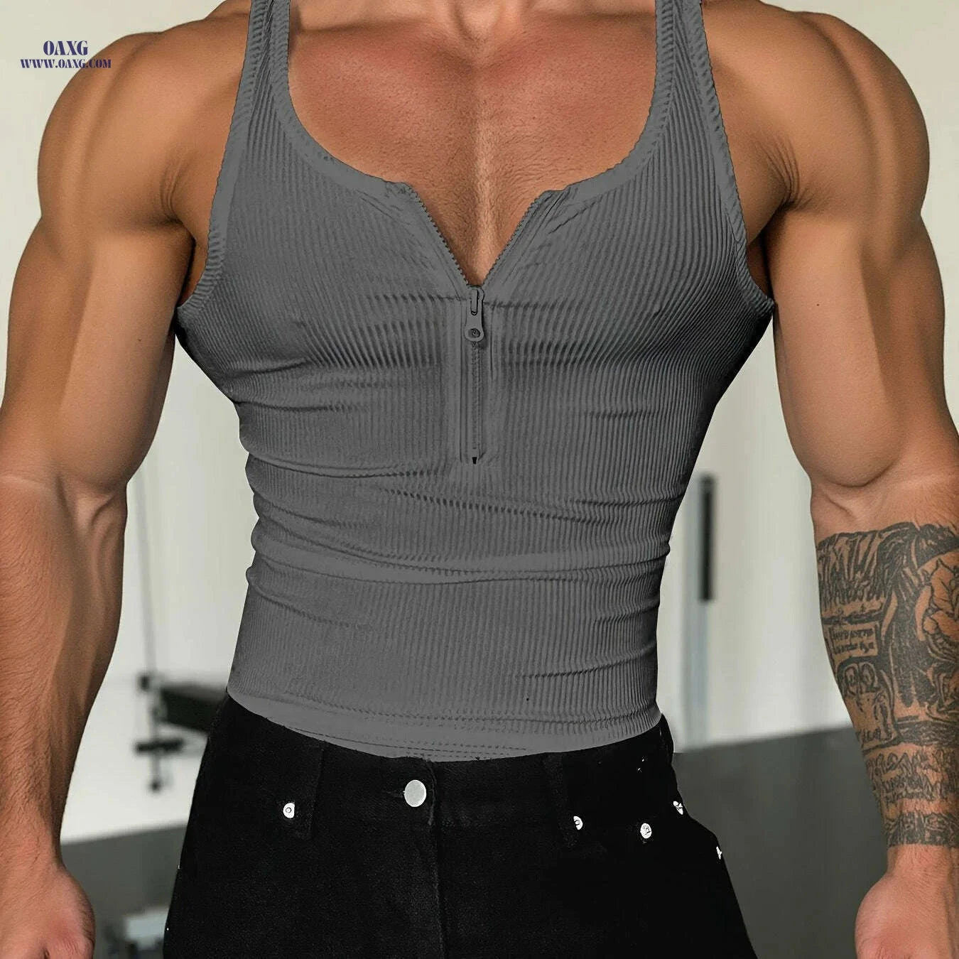 Men's High-Stretch Zippered Muscle Tank - Breathable Workout Shirt   OAXG 